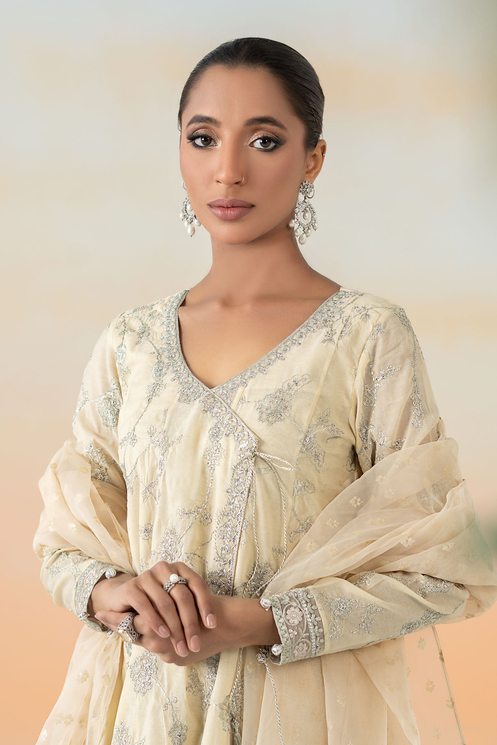 Pakistani Coffee Embroidered Paper Cotton Angrakha (3-Piece) - Image 7