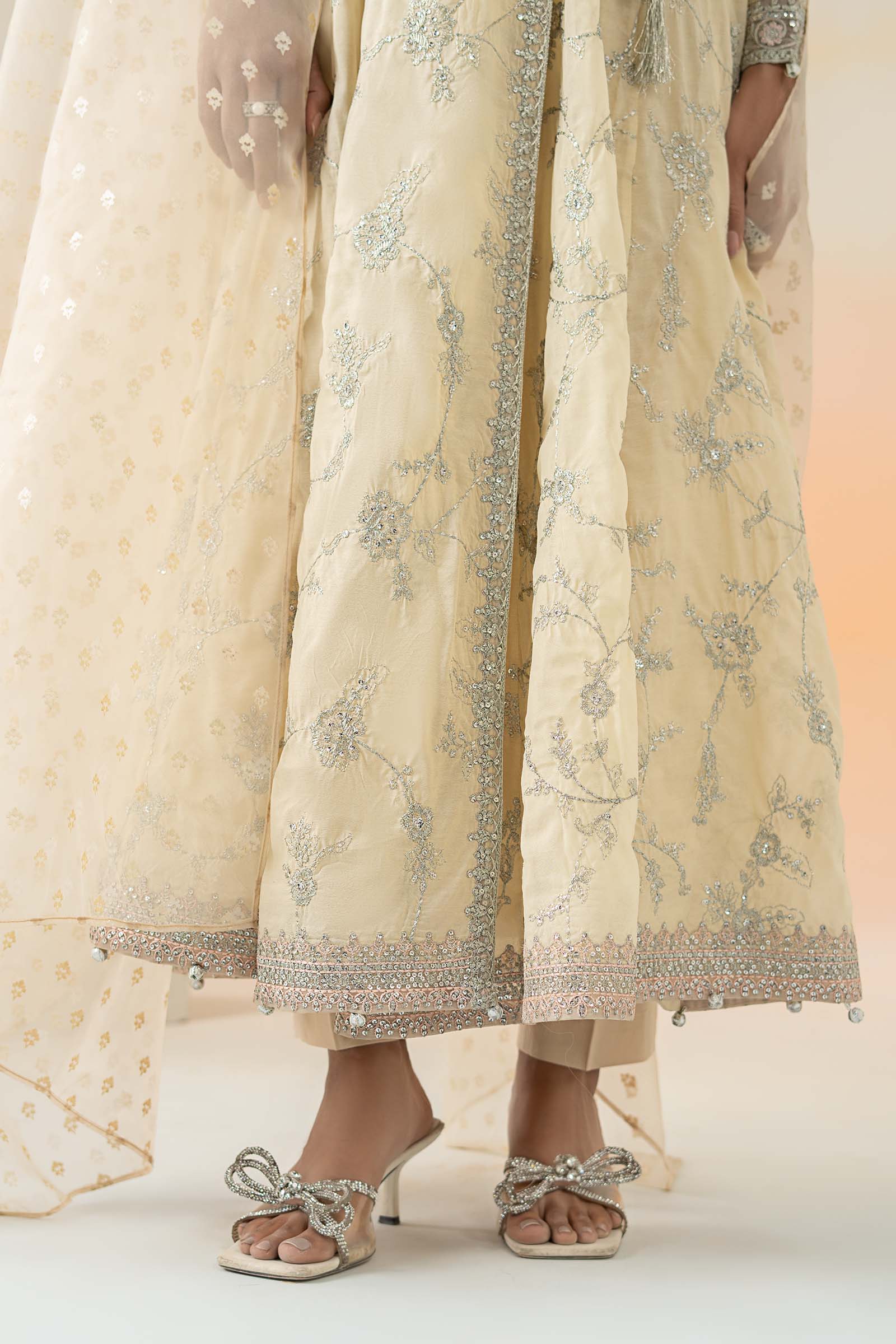 Pakistani Coffee Embroidered Paper Cotton Angrakha (3-Piece) - Image 9