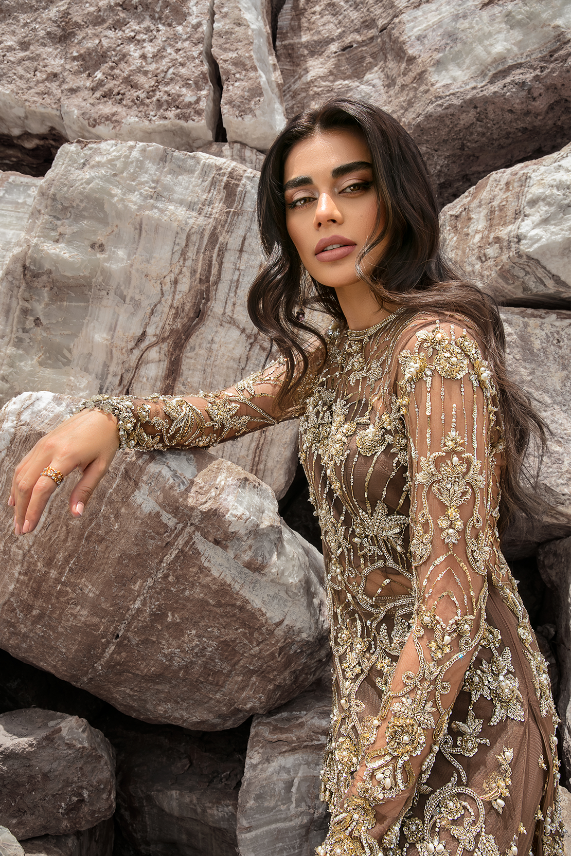 Indian Brown Gold Embellished Net Bridal Gharara (3-Piece) - Image 2