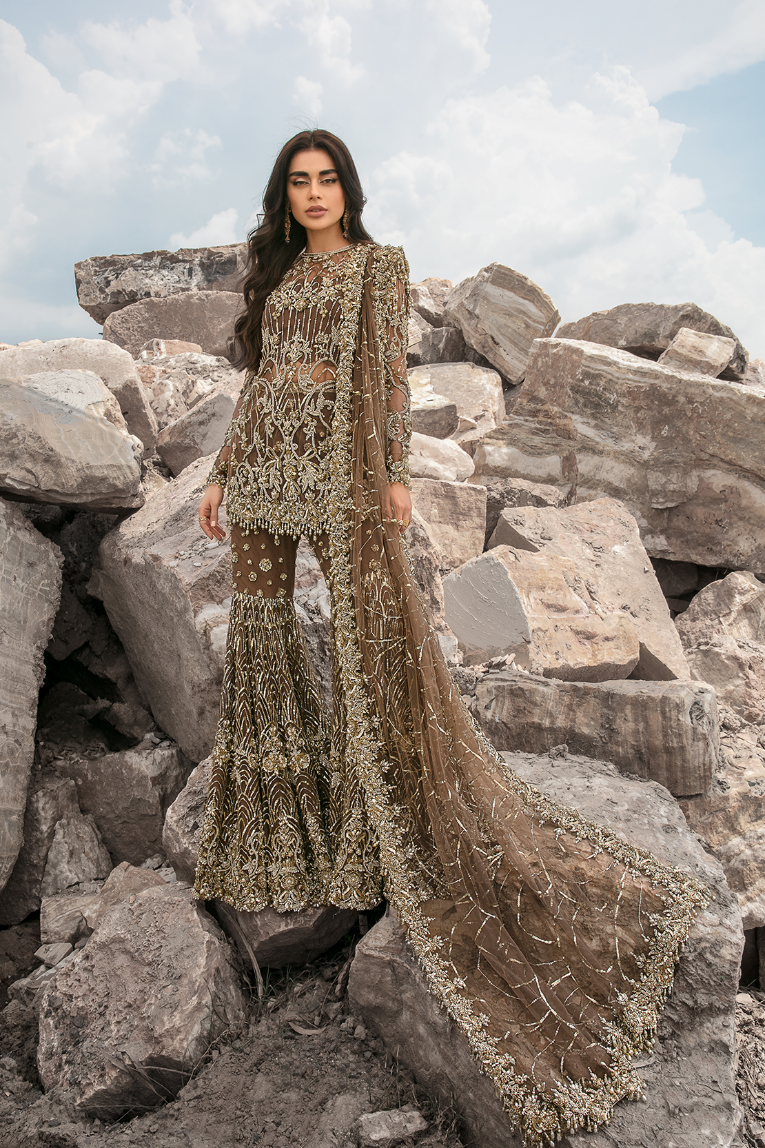 Indian Brown Gold Embellished Net Bridal Gharara (3-Piece) - Image 3