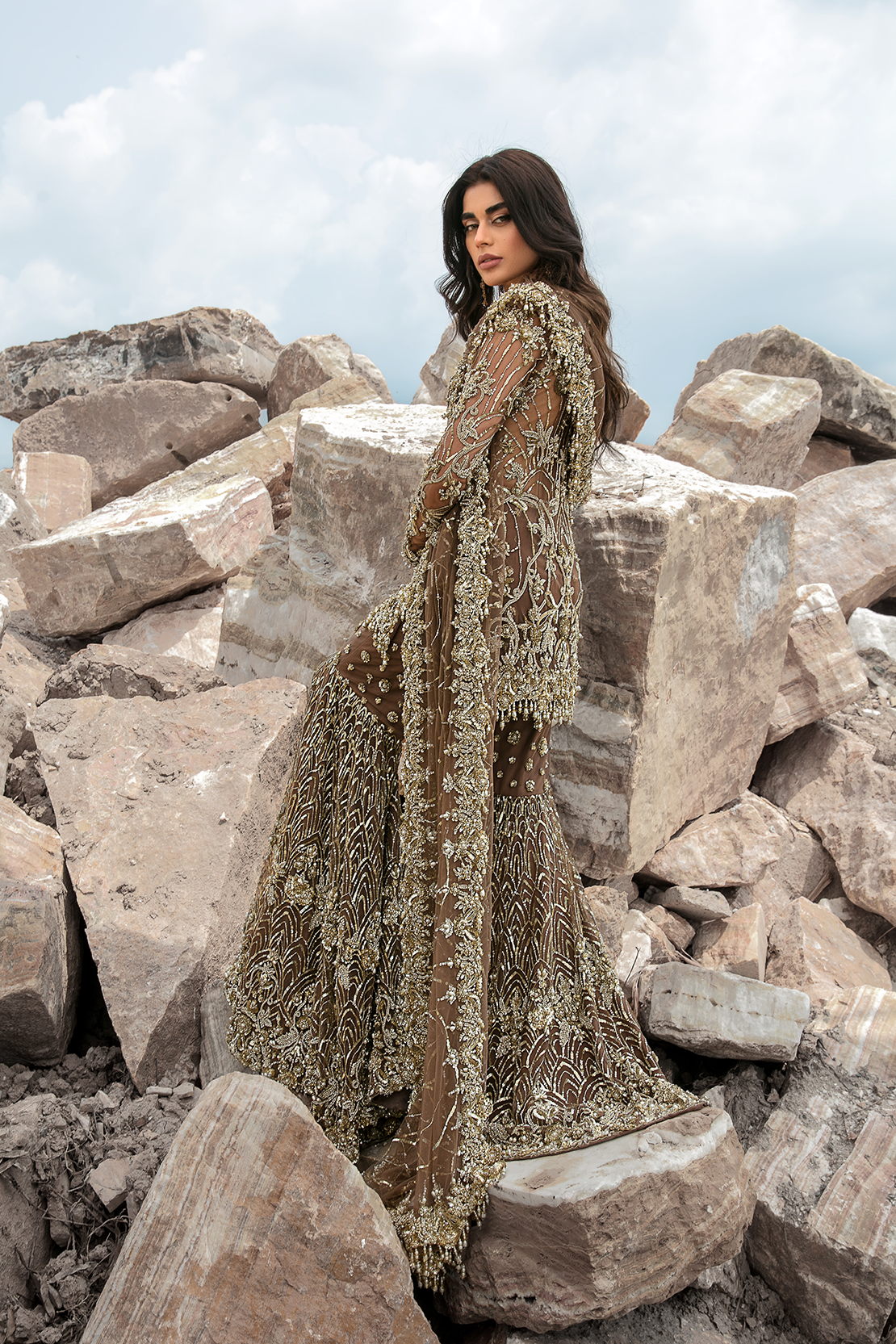 Indian Brown Gold Embellished Net Bridal Gharara (3-Piece) - Image 4