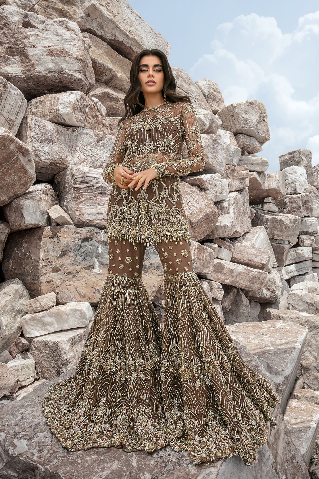 Pakistani Brown Gold Embellished Net Bridal Gharara (3-Piece) - Image 1