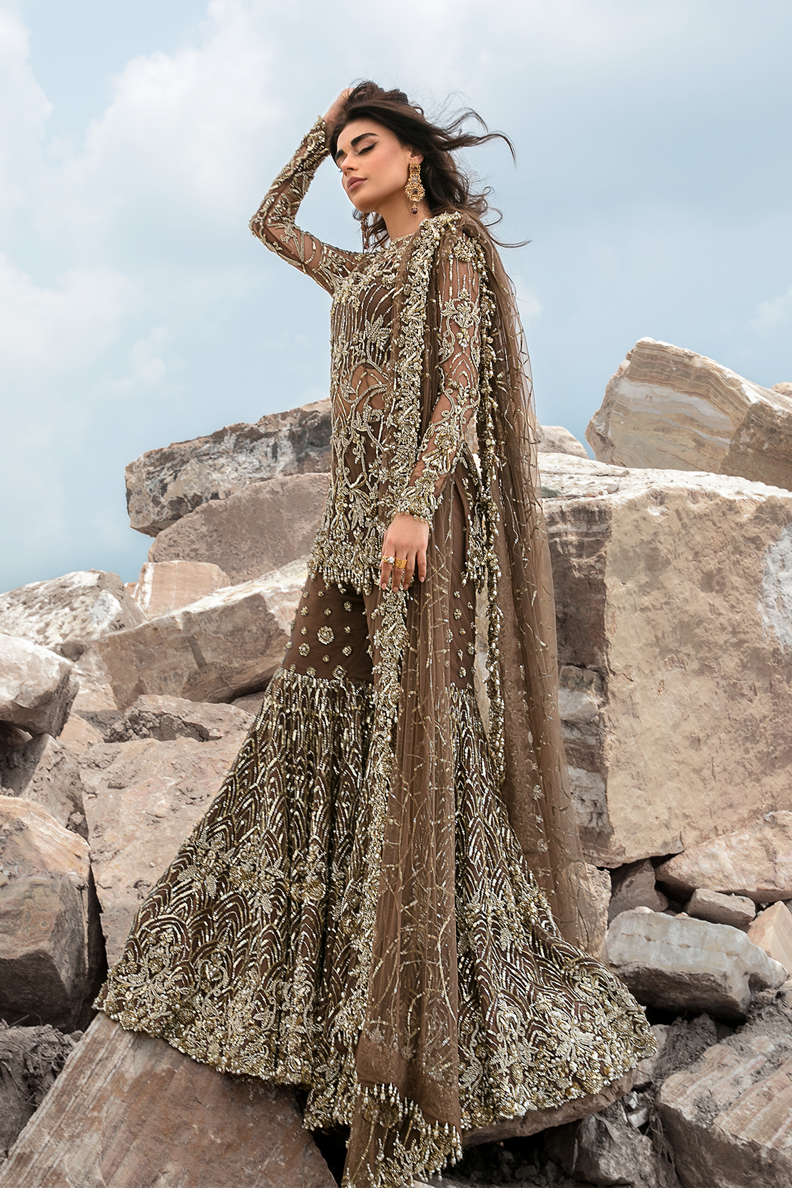 Pakistani Brown Gold Embellished Net Bridal Gharara (3-Piece) - Image 5