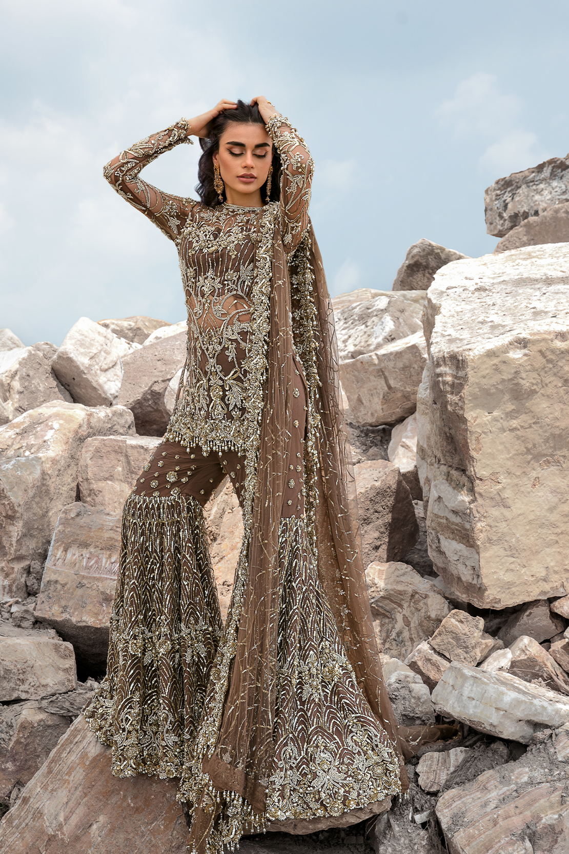 Pakistani Brown Gold Embellished Net Bridal Gharara (3-Piece) - Image 6