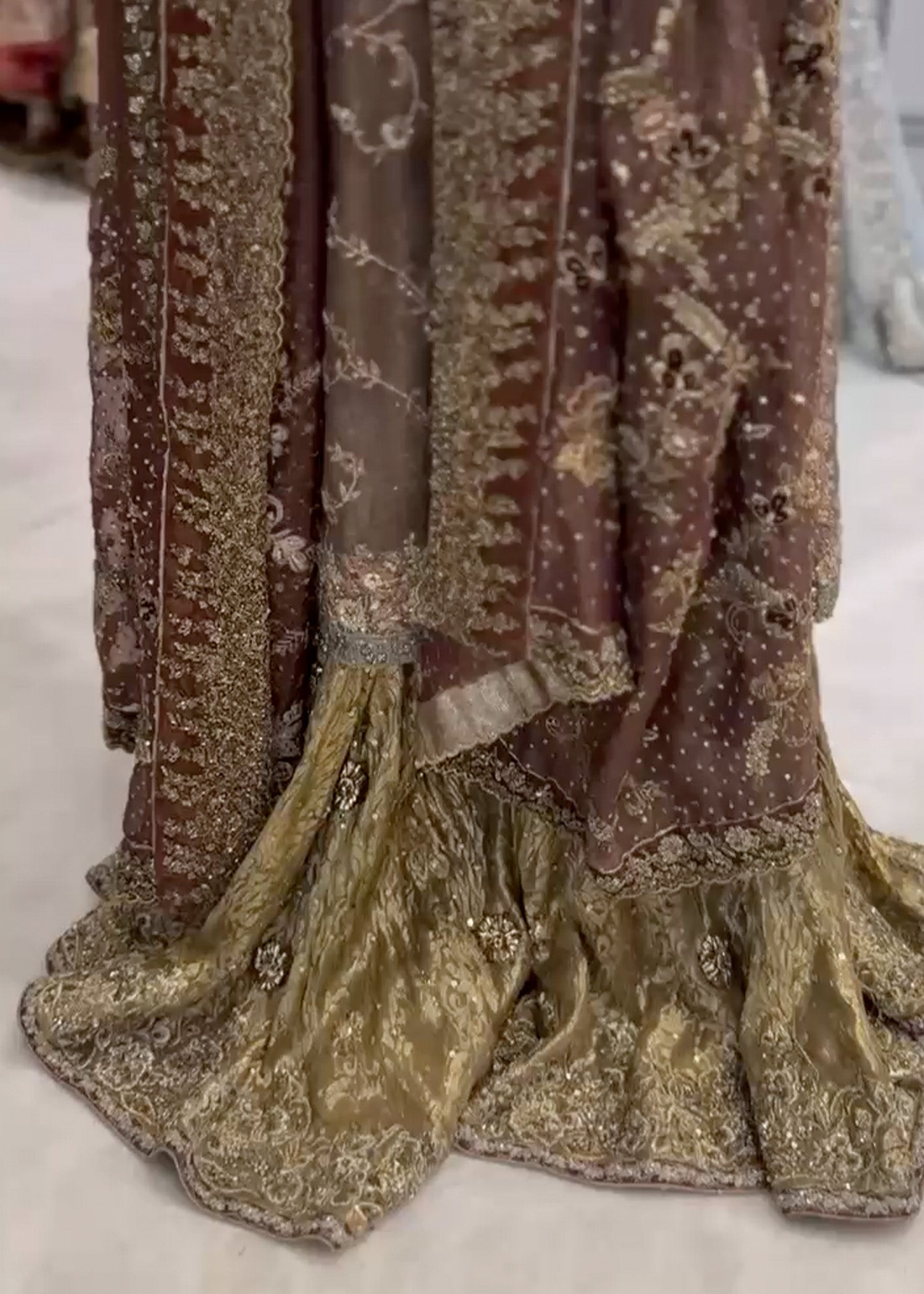 Pakistani Deep Cocoa Embroidered Silk Mysore Gharara (3-Piece) - Image 2