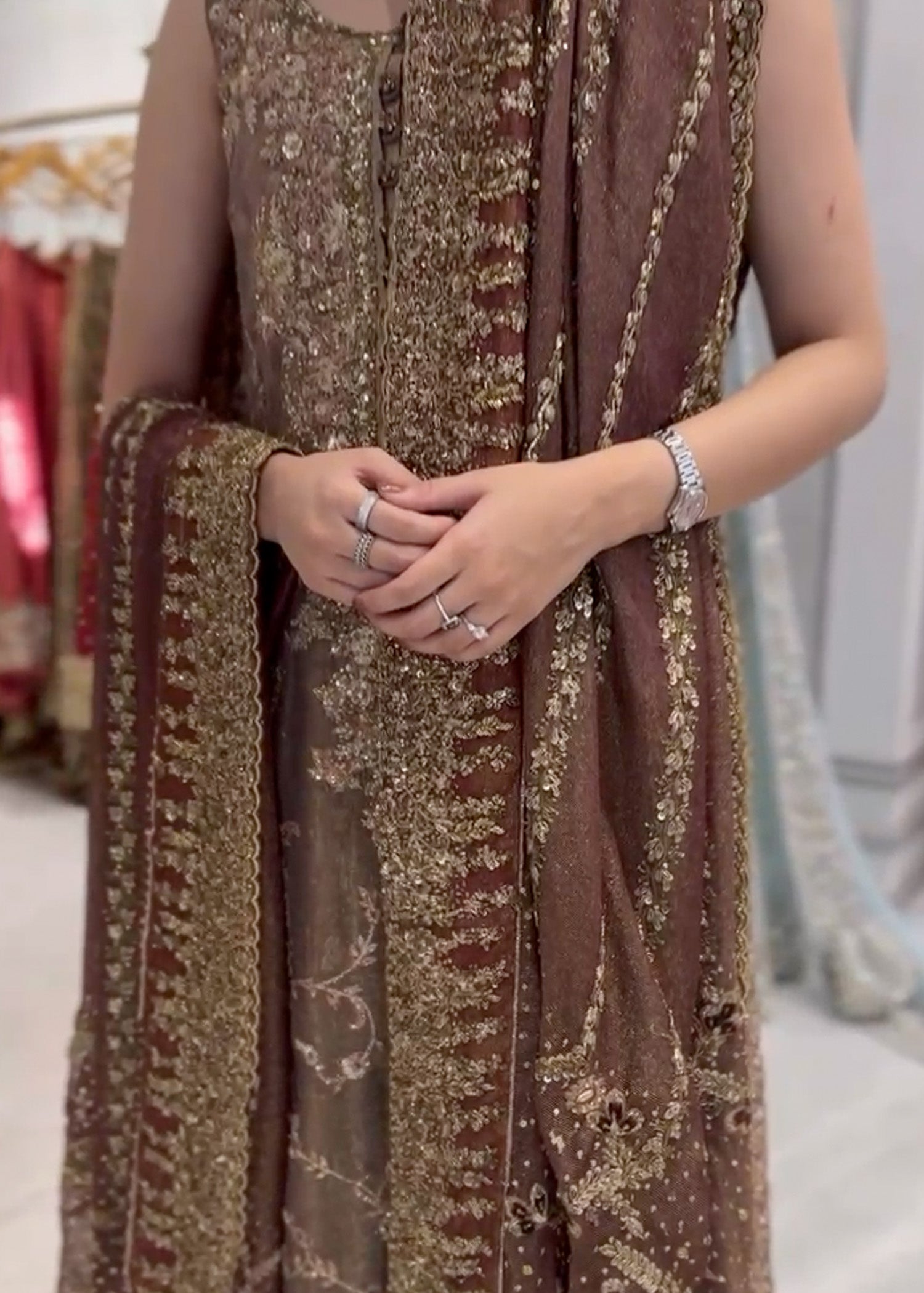 Pakistani Deep Cocoa Embroidered Silk Mysore Gharara (3-Piece) - Image 4