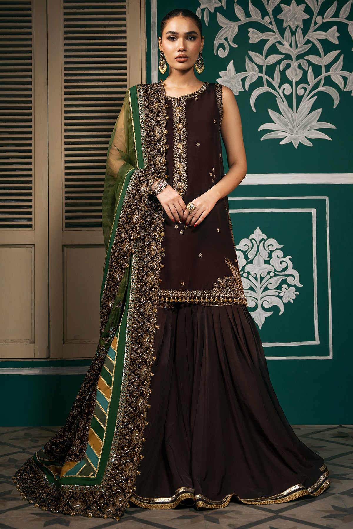 Pakistani Deep Chocolate Embroidered Raw Silk Gharara (3-Piece) - Image 1