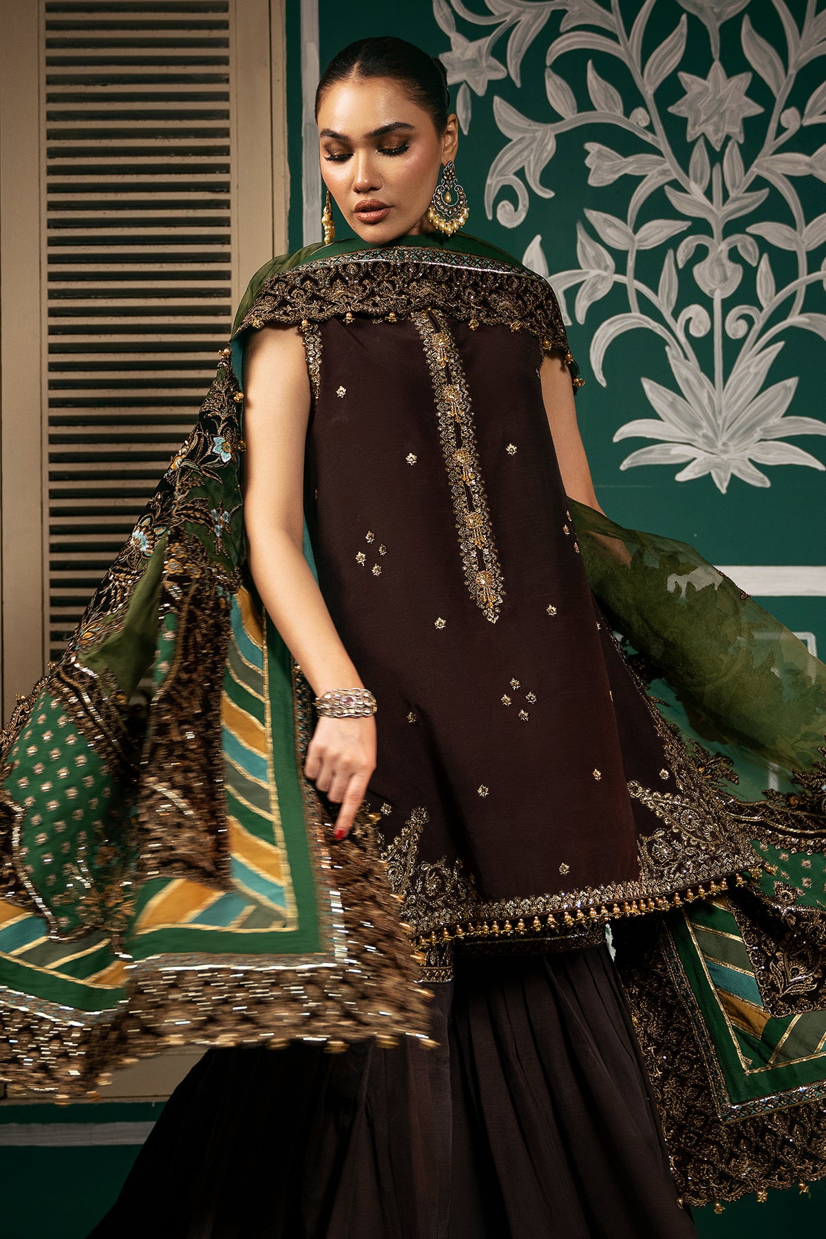Pakistani Deep Chocolate Embroidered Raw Silk Gharara (3-Piece) - Image 5