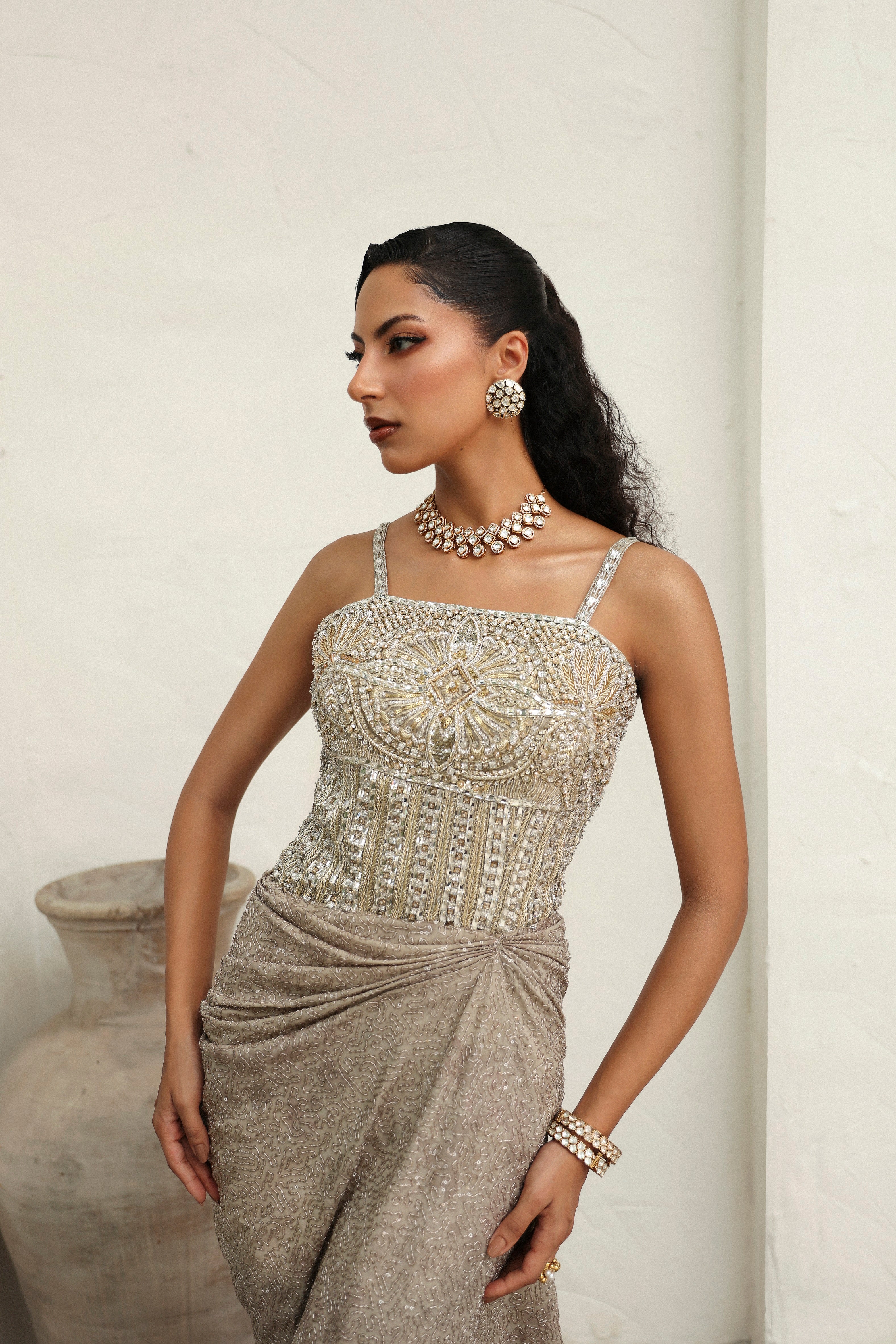 Pakistani Subtle Brown Embellished Metallic Gown (2-Piece) - Image 2