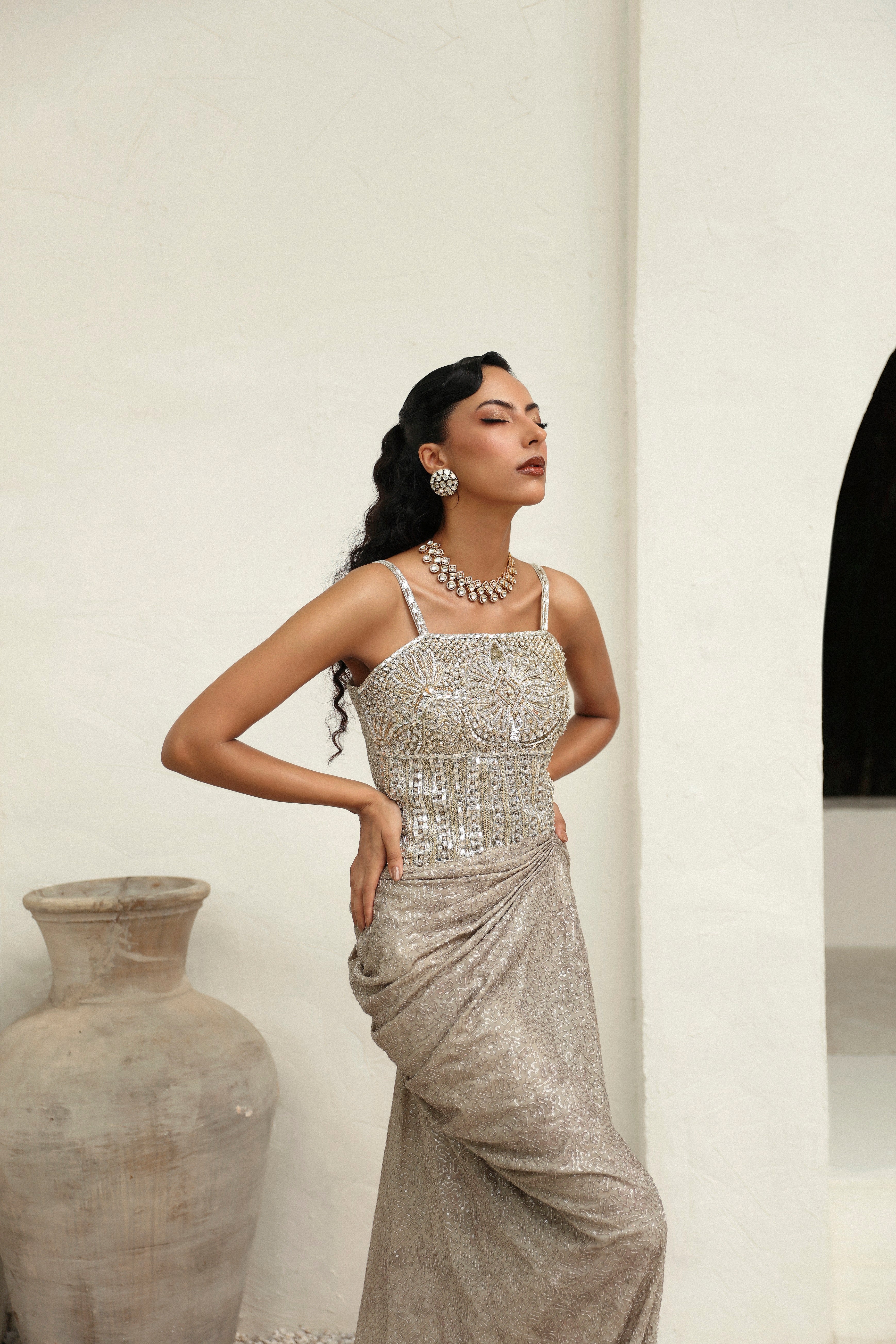 Pakistani Subtle Brown Embellished Metallic Gown (2-Piece) - Image 4