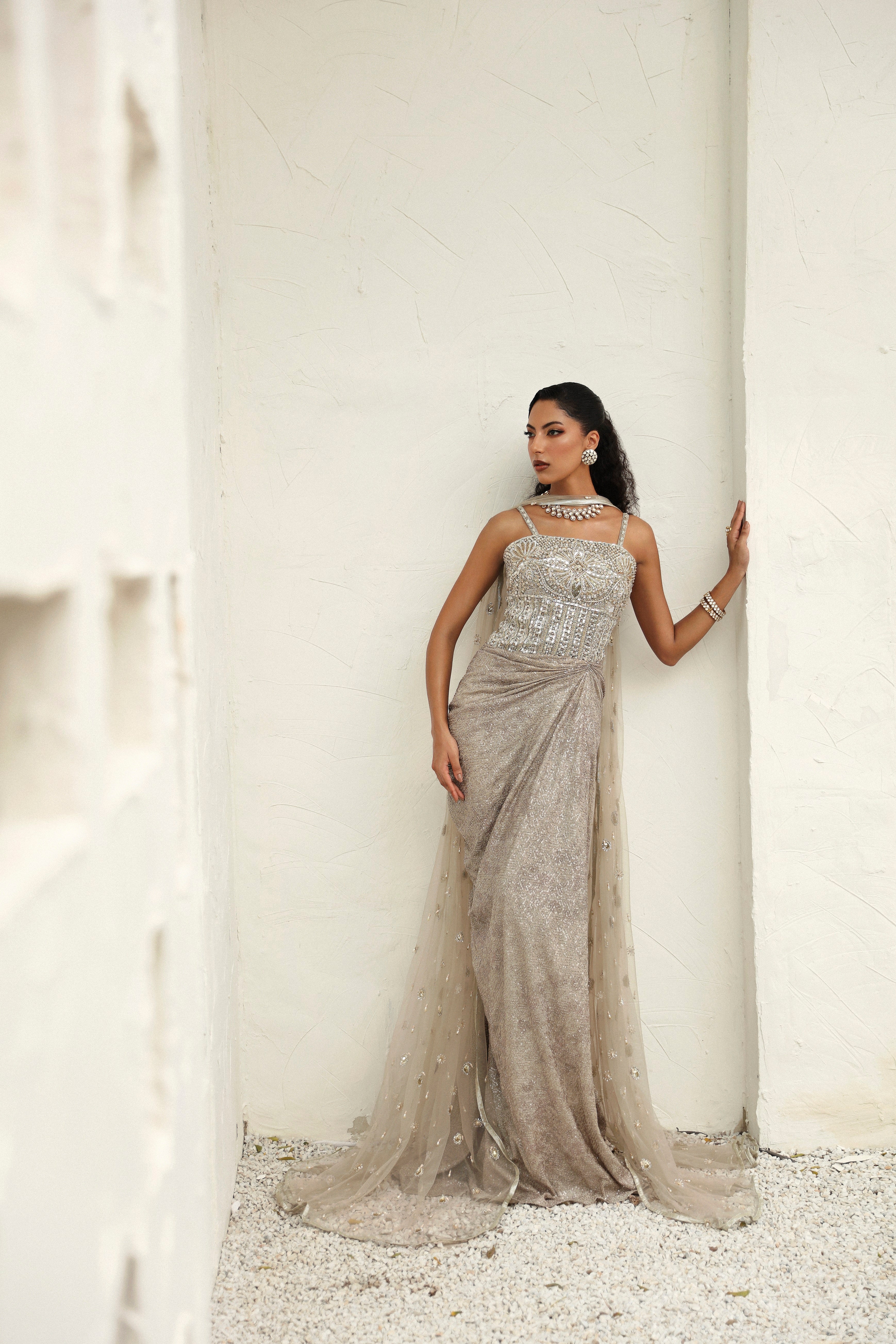 Pakistani Subtle Brown Embellished Metallic Gown (2-Piece) - Image 6