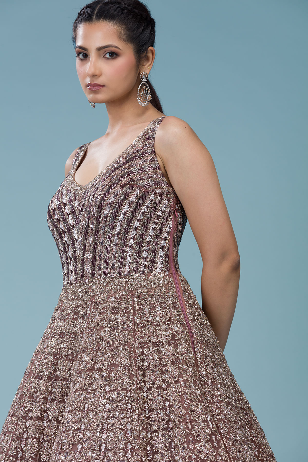 Indian Russet Brown Embellished Net Reception Gown (1-Pc) - Image 2