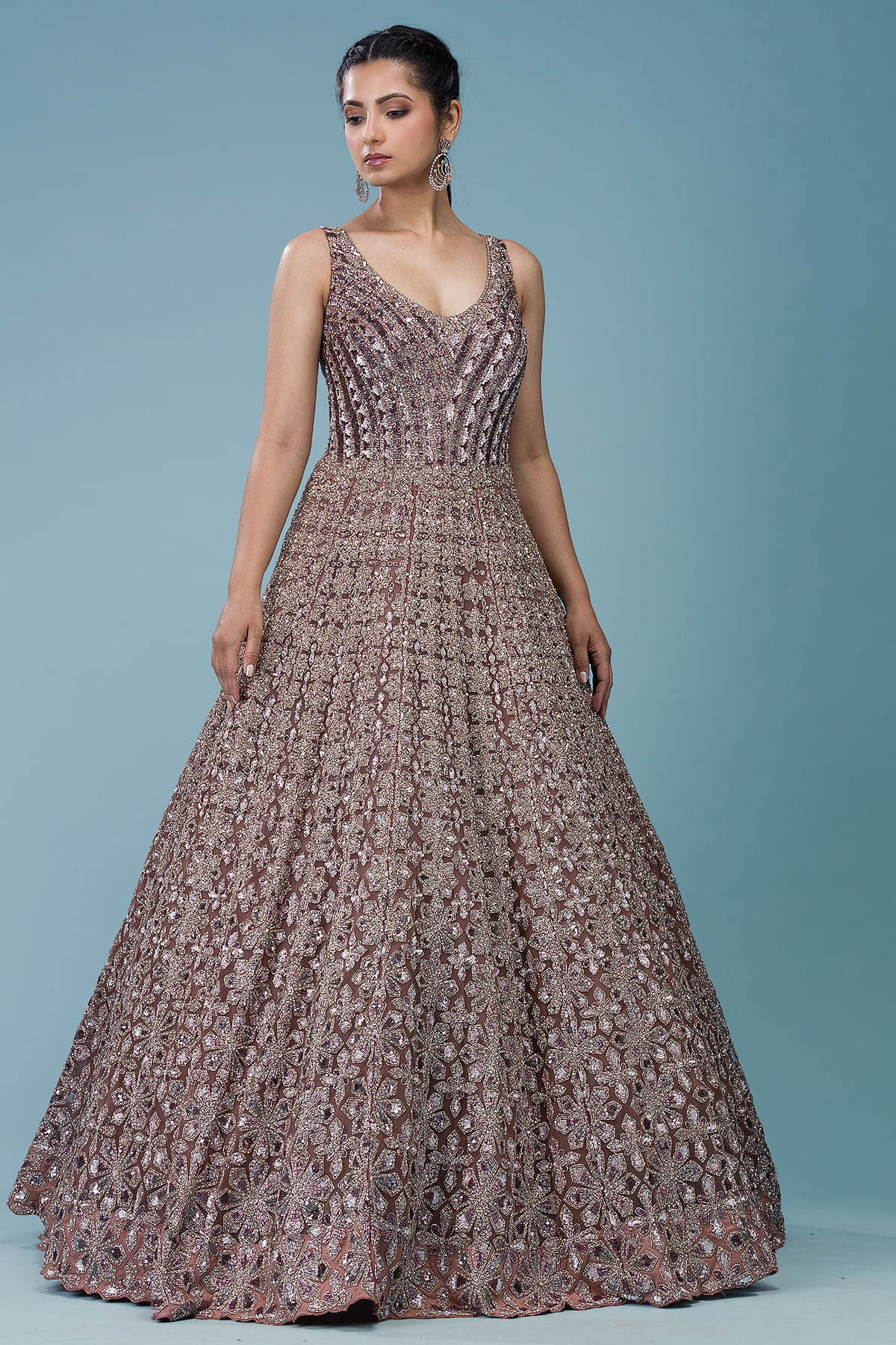 Indian Russet Brown Embellished Net Reception Gown (1-Pc) - Image 3