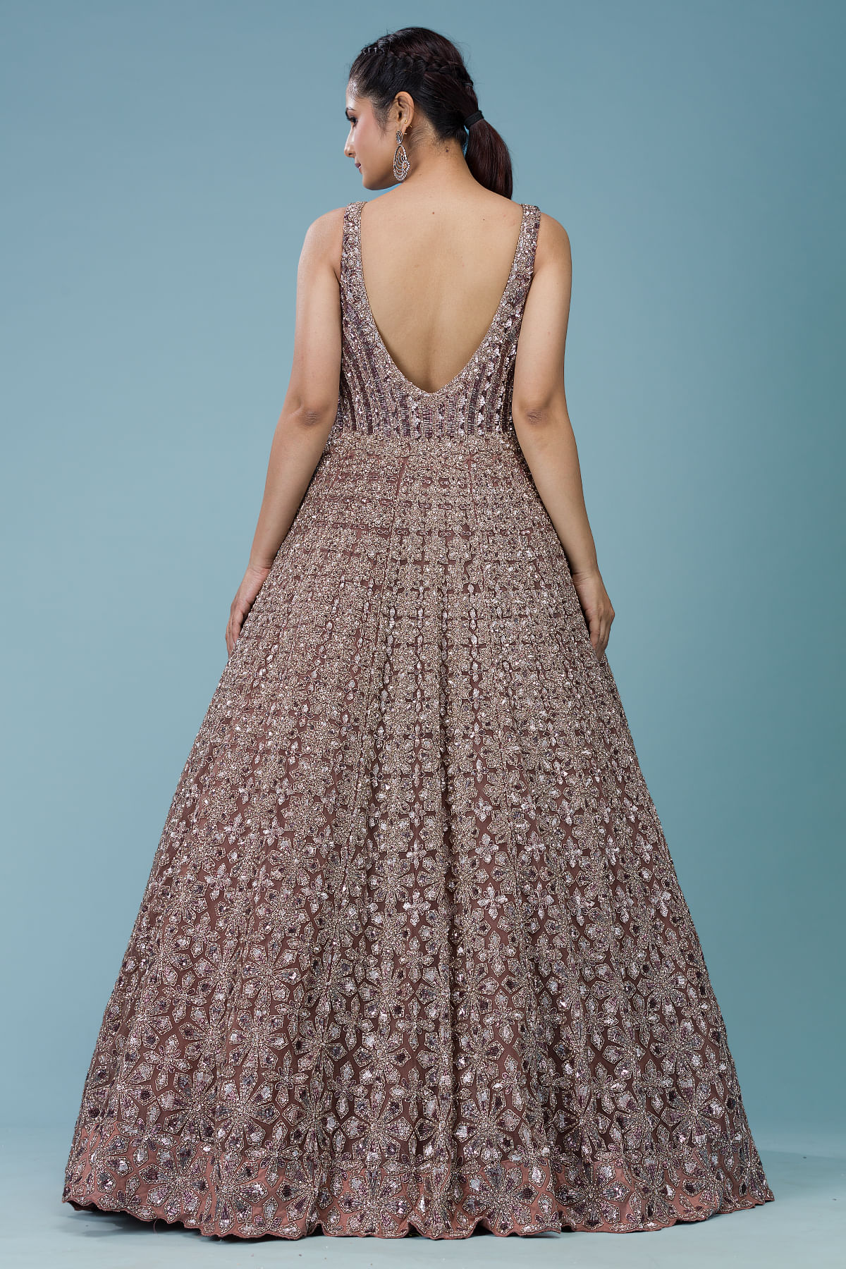 Indian Russet Brown Embellished Net Reception Gown (1-Pc) - Image 4