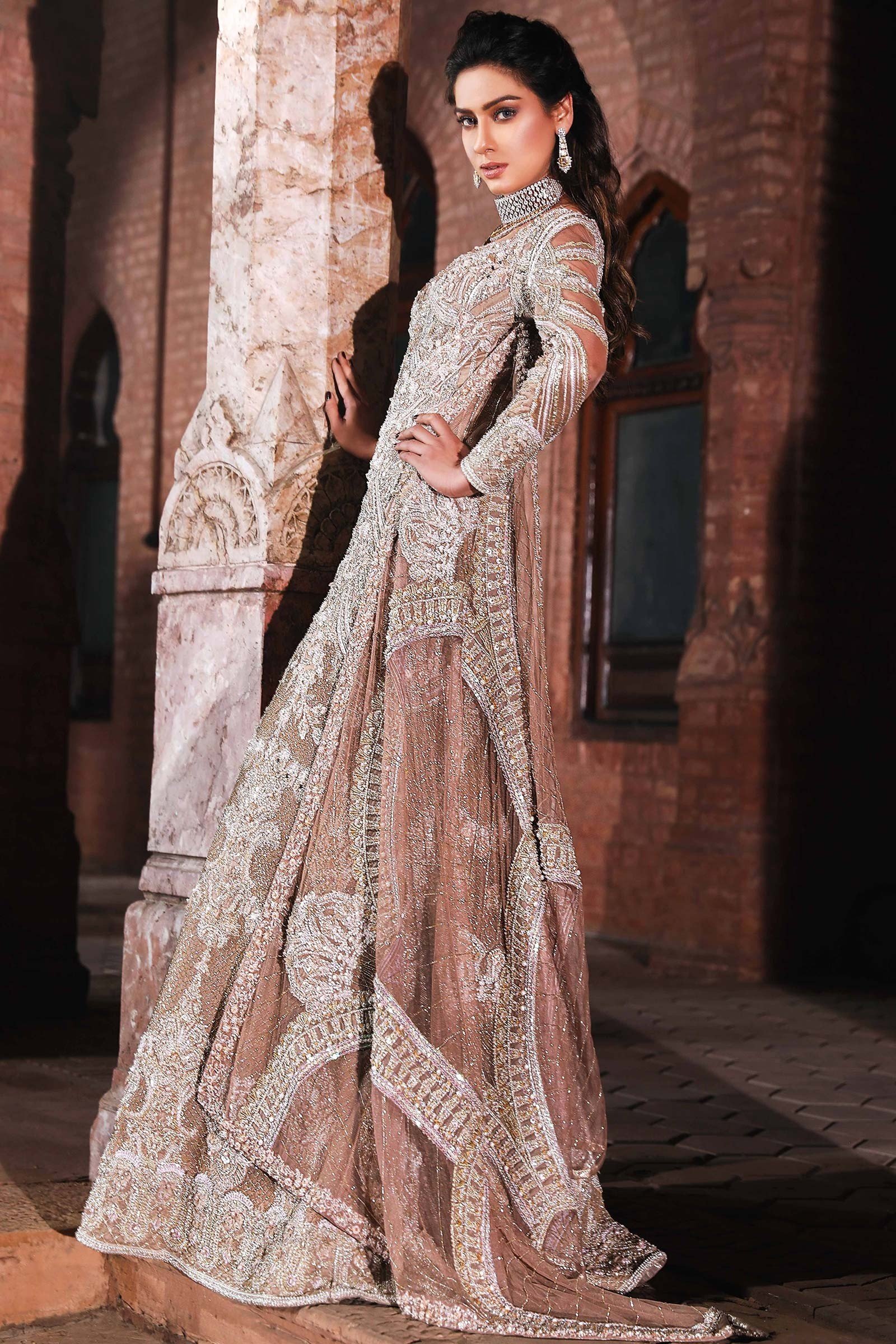 Pakistani Tobacco Embellished Net Bridal Gown (1-Pc) - Image 1