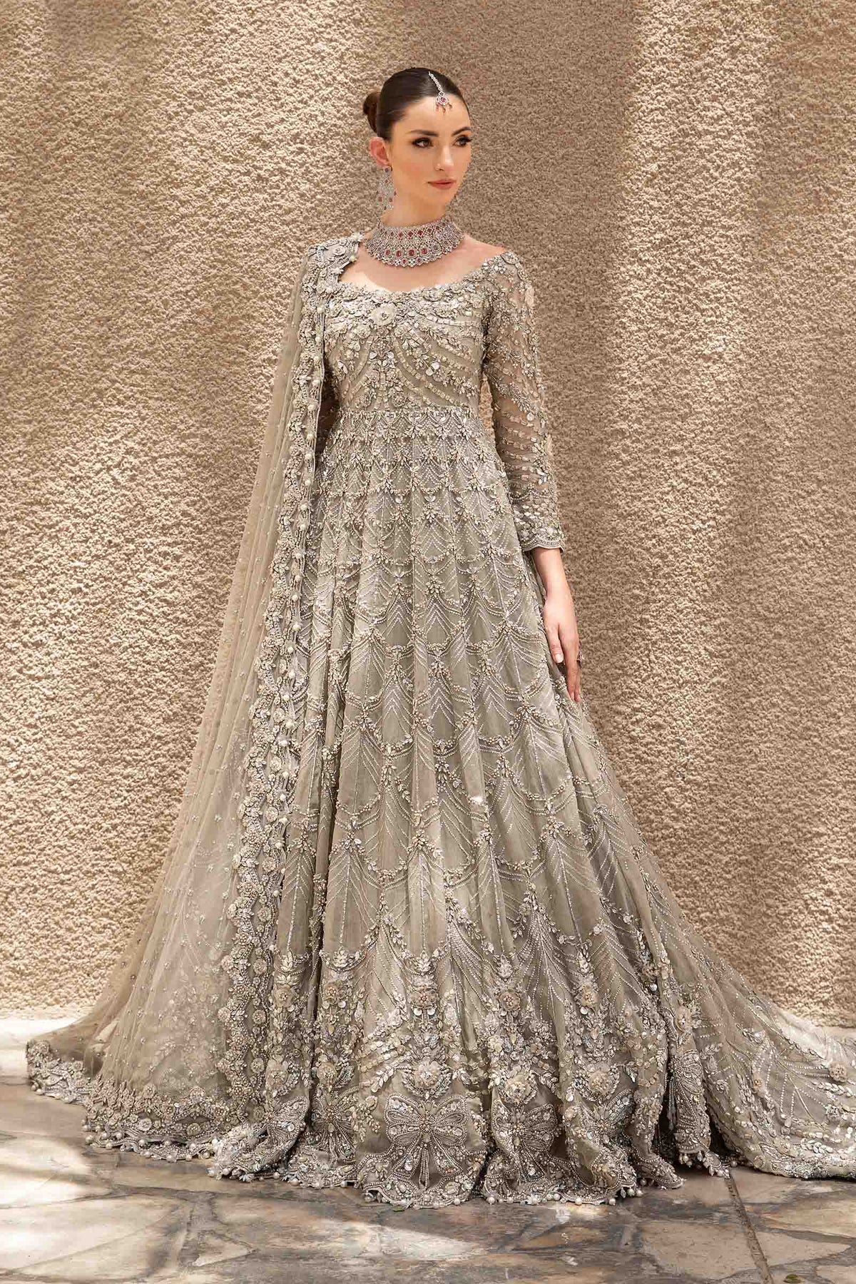 Pakistani Coffee Embellished Pure Organza Gown (3-Piece) - Image 1