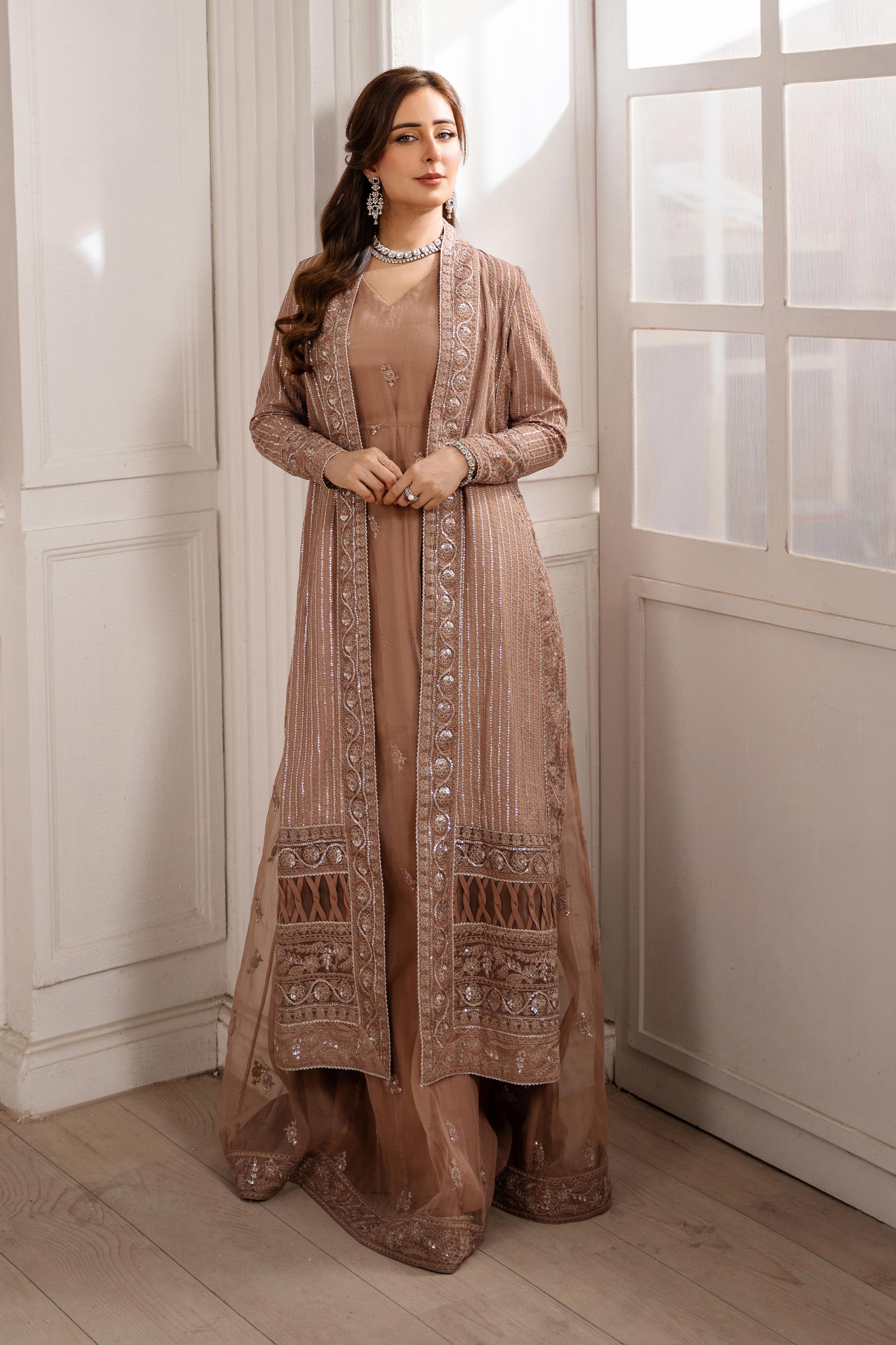 Brown Embroidered Raw Silk & Organza Gown (3-Piece) - Image 1