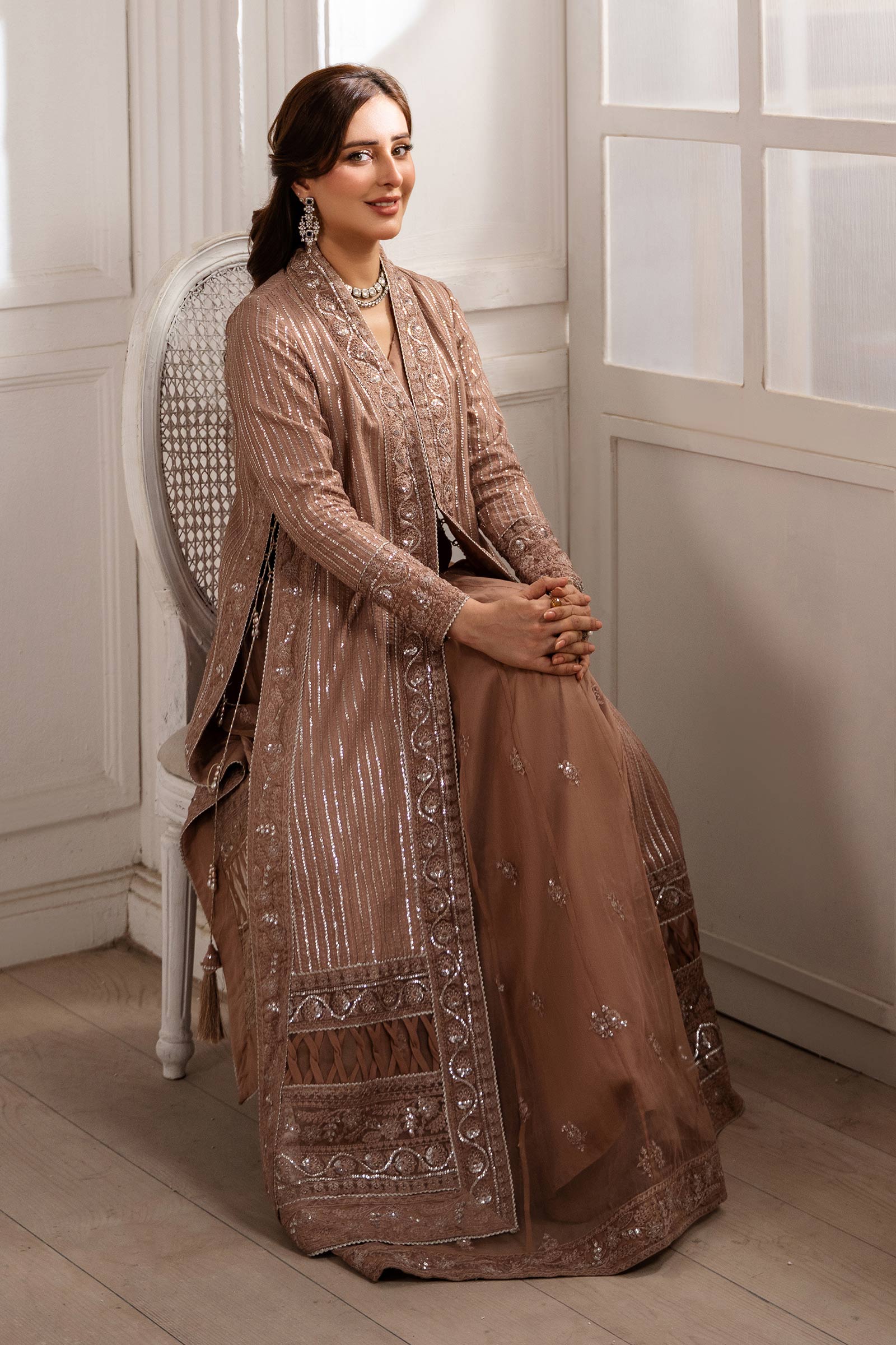 Brown Embroidered Raw Silk & Organza Gown (3-Piece) - Image 2