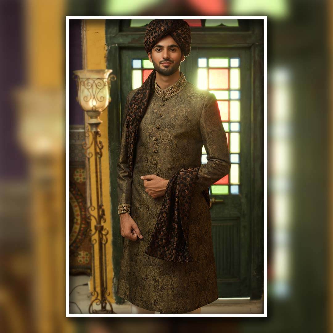 Rustic Brown & Black Brocade Sherwani (4-Piece) - Image 1