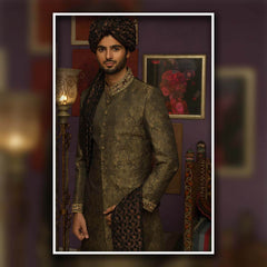 Rustic Brown & Black Embroidered Brocade Sherwani (3-Piece) - Image 2