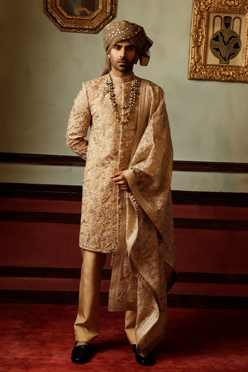 Russet Brown Embroidered Jacquard Sherwani (3-Piece) - Image 1