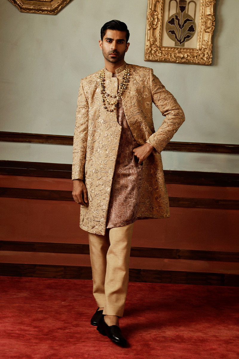 Russet Brown Embroidered Jacquard Sherwani (3-Piece) - Image 2