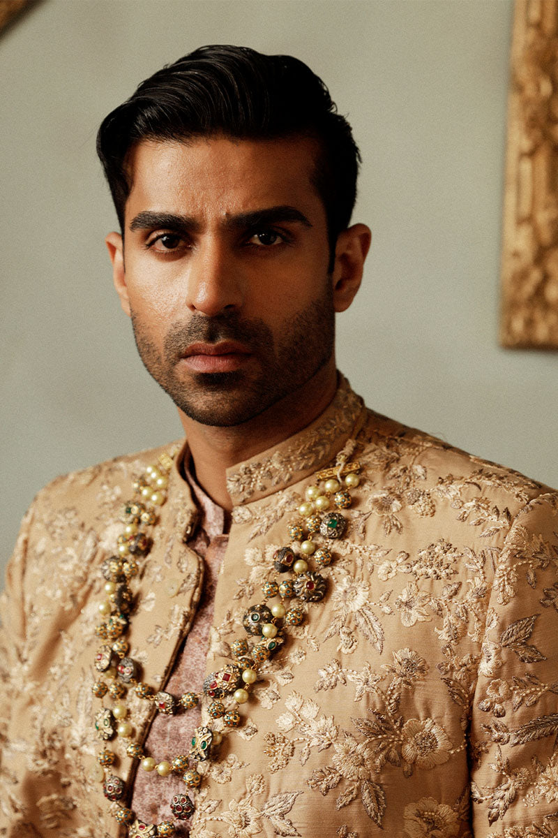 Russet Brown Embroidered Jacquard Sherwani (3-Piece) - Image 3