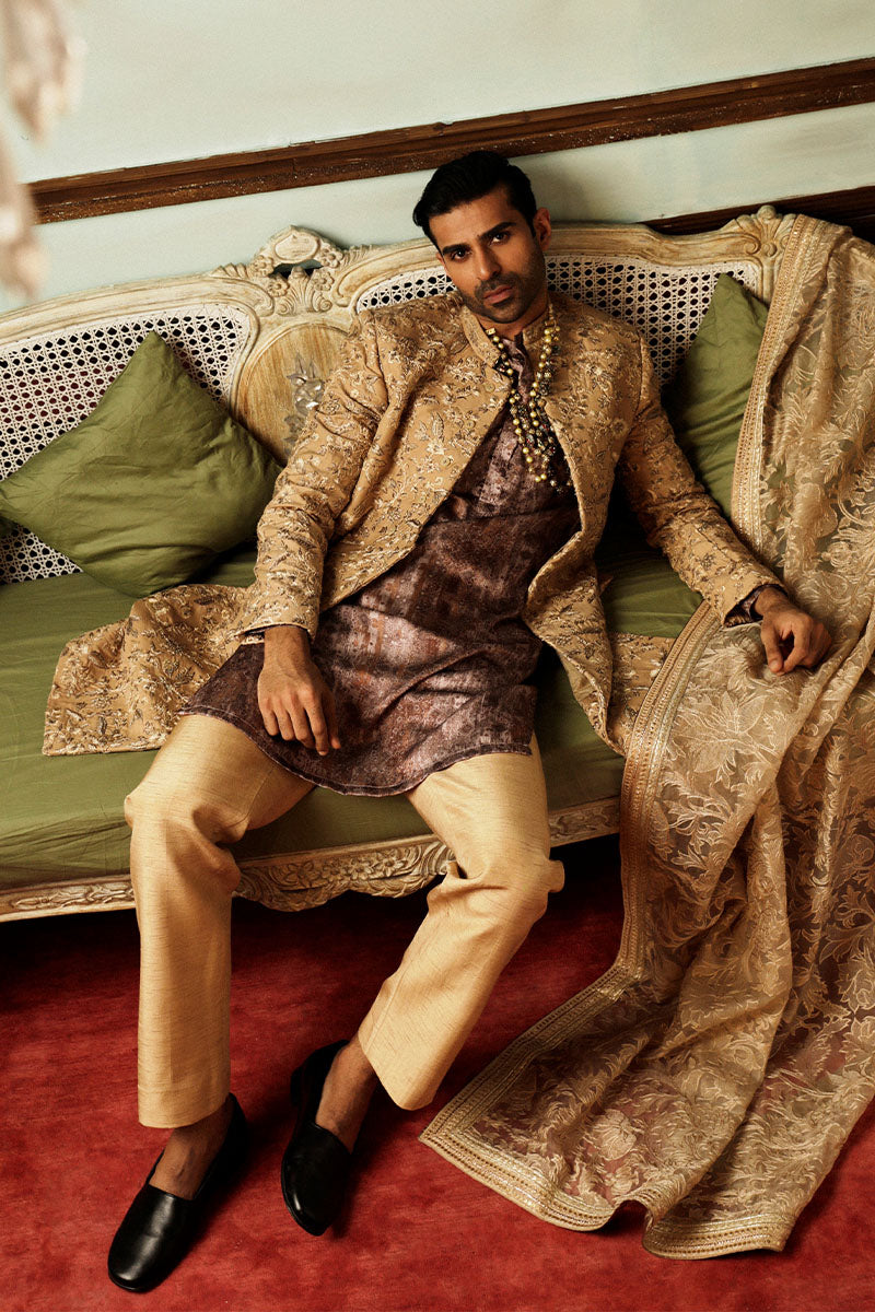 Russet Brown Embroidered Jacquard Sherwani (3-Piece) - Image 4
