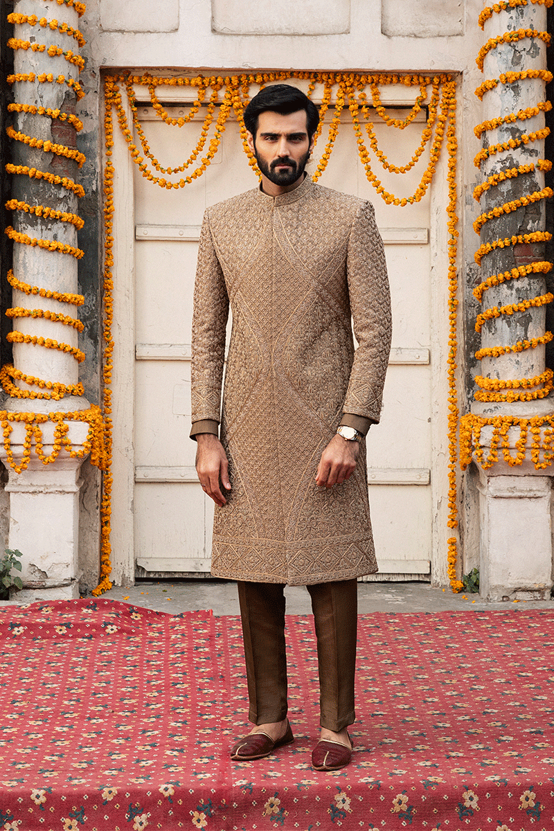 Russet Brown Adda Work Silk-Blend Sherwani (2-Piece) - Image 1