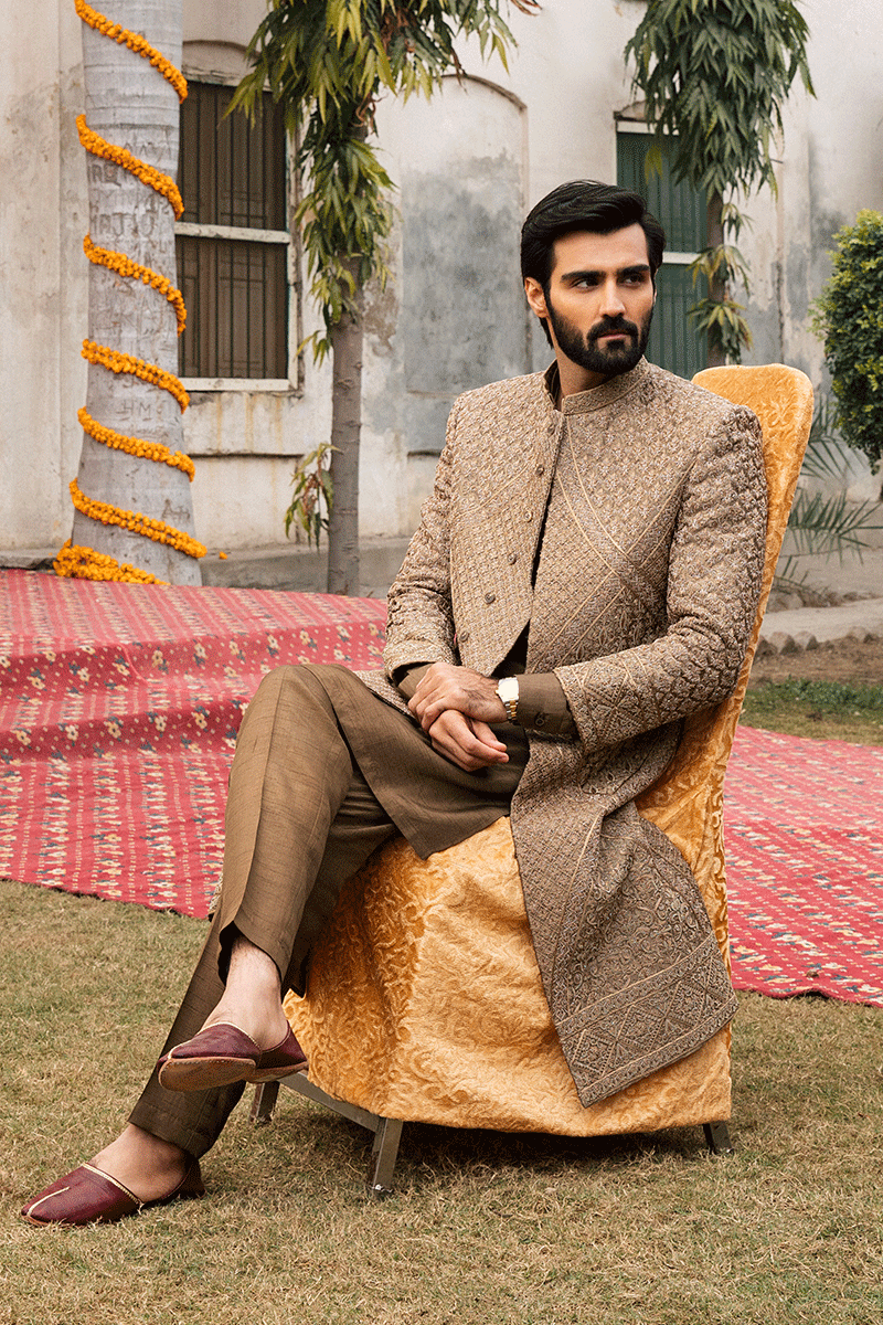Russet Brown Adda Work Silk-Blend Sherwani (2-Piece) - Image 2