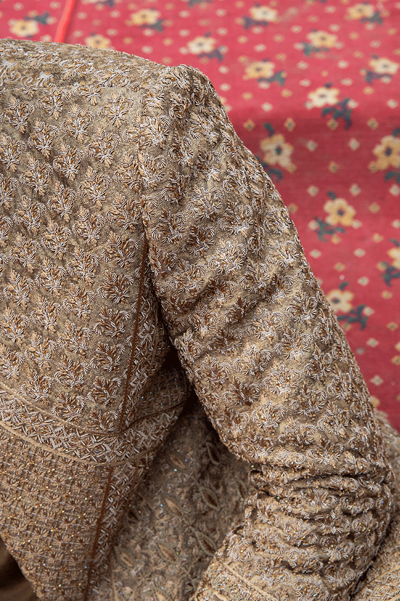 Russet Brown Adda Work Silk-Blend Sherwani (2-Piece) - Image 3