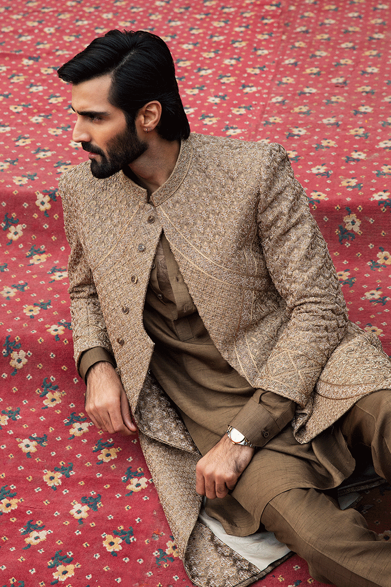Russet Brown Adda Work Silk-Blend Sherwani (2-Piece) - Image 4