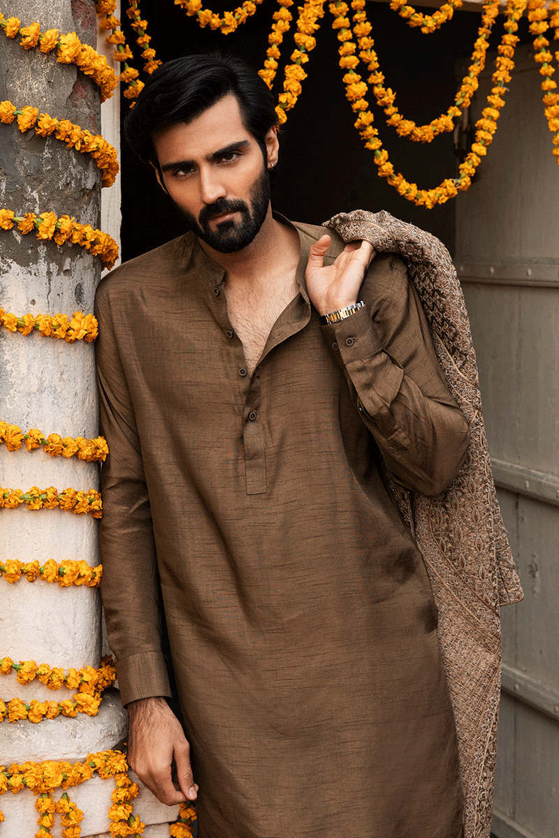 Russet Brown Adda Work Silk-Blend Sherwani (2-Piece) - Image 5