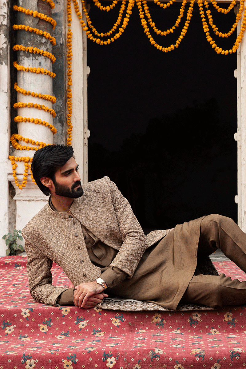 Russet Brown Adda Work Silk-Blend Sherwani (2-Piece) - Image 6