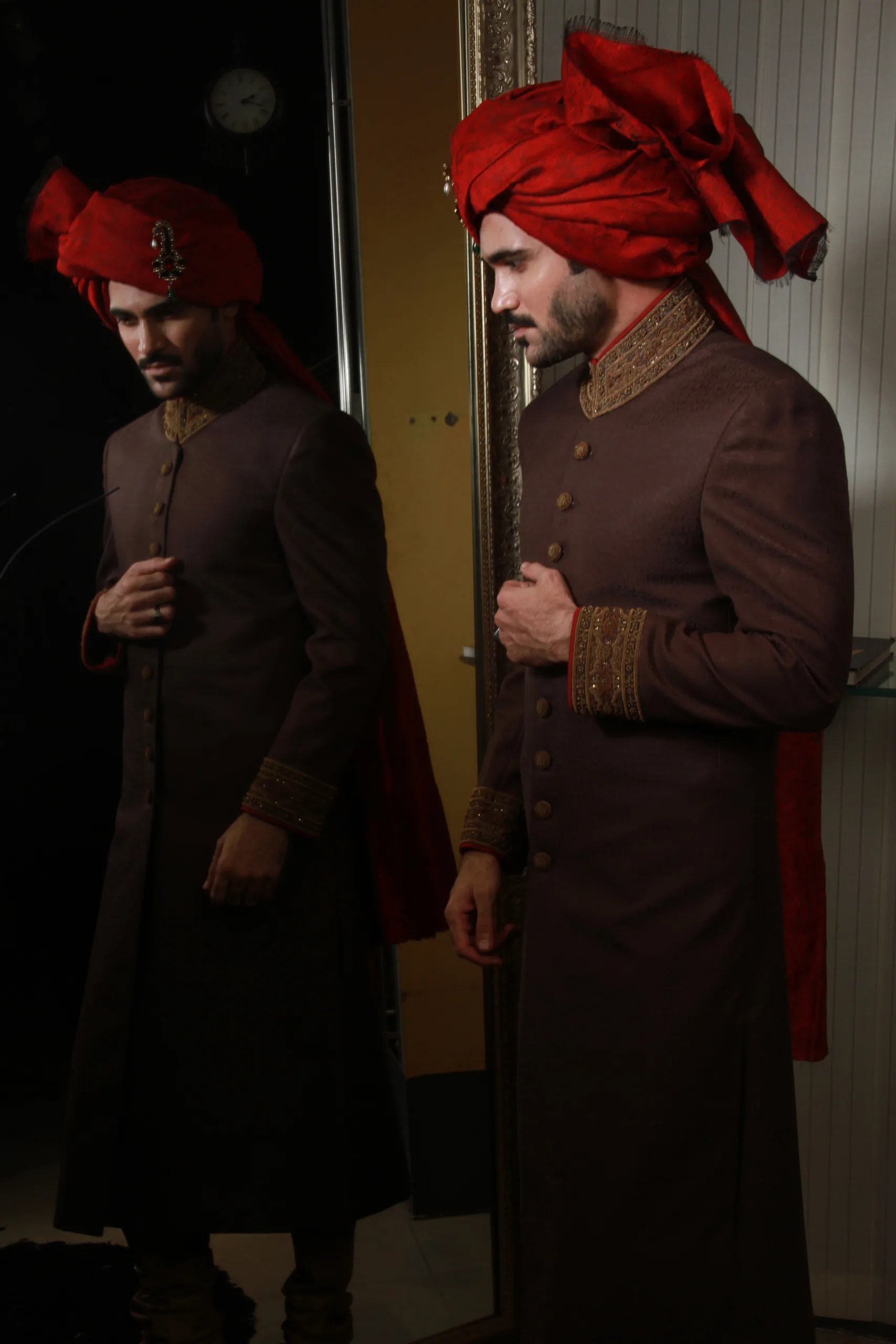 Deep Brown Embroidered Silk-Blend Groom Sherwani (2-Piece) - Image 1