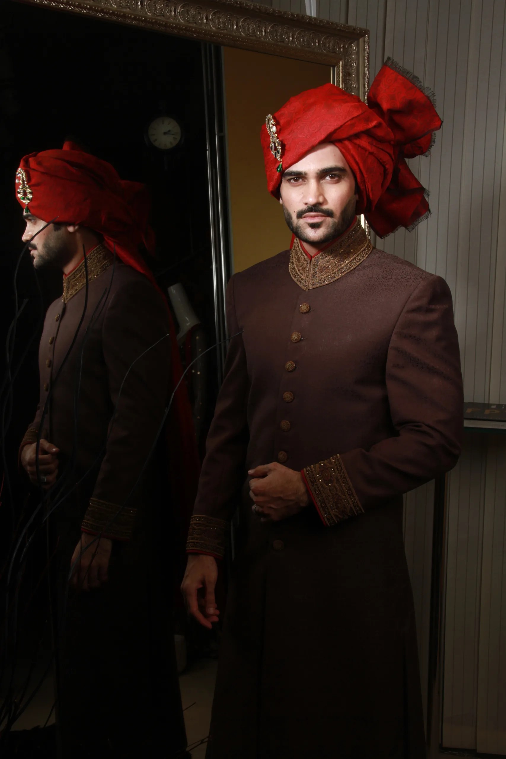 Deep Brown Embroidered Silk-Blend Groom Sherwani (2-Piece) - Image 2