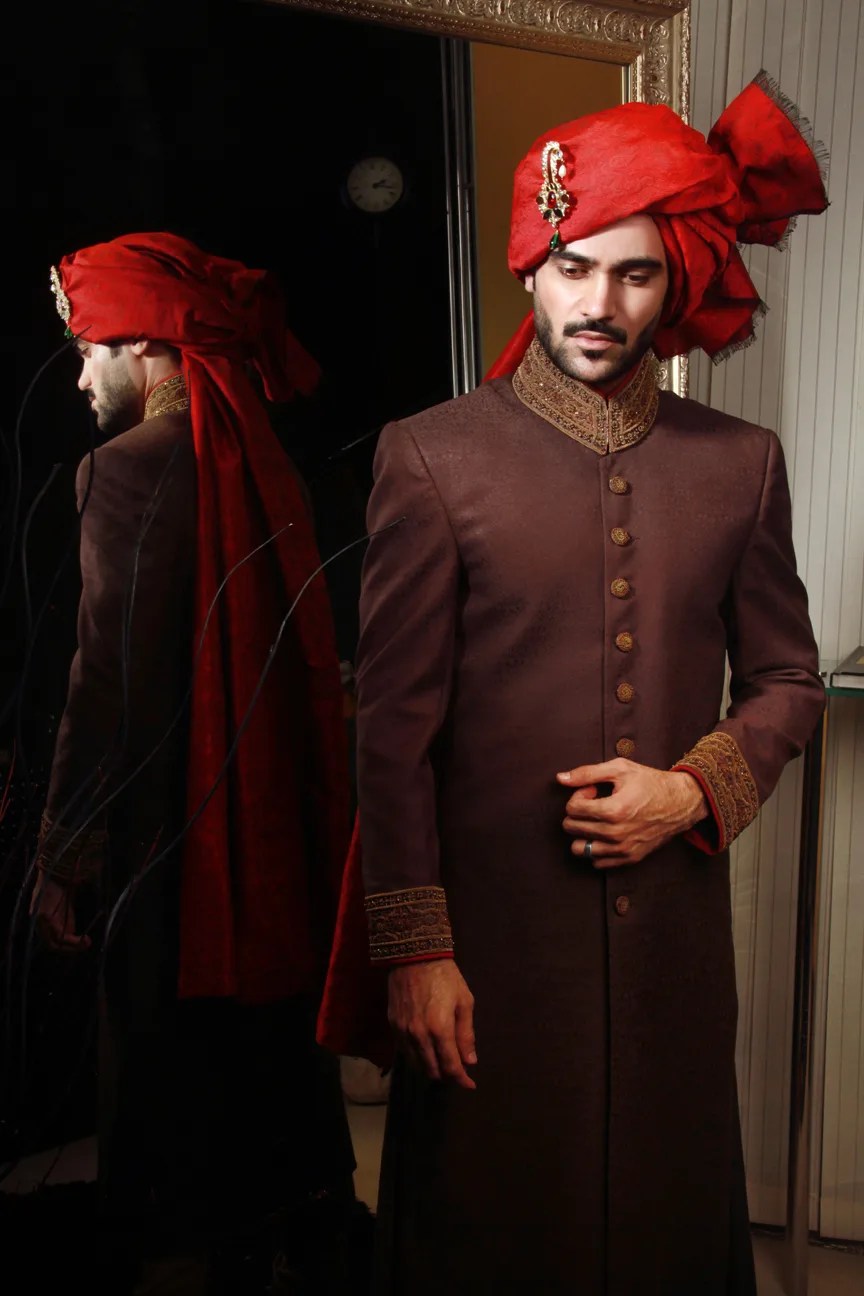 Deep Brown Embroidered Silk-Blend Groom Sherwani (2-Piece) - Image 3