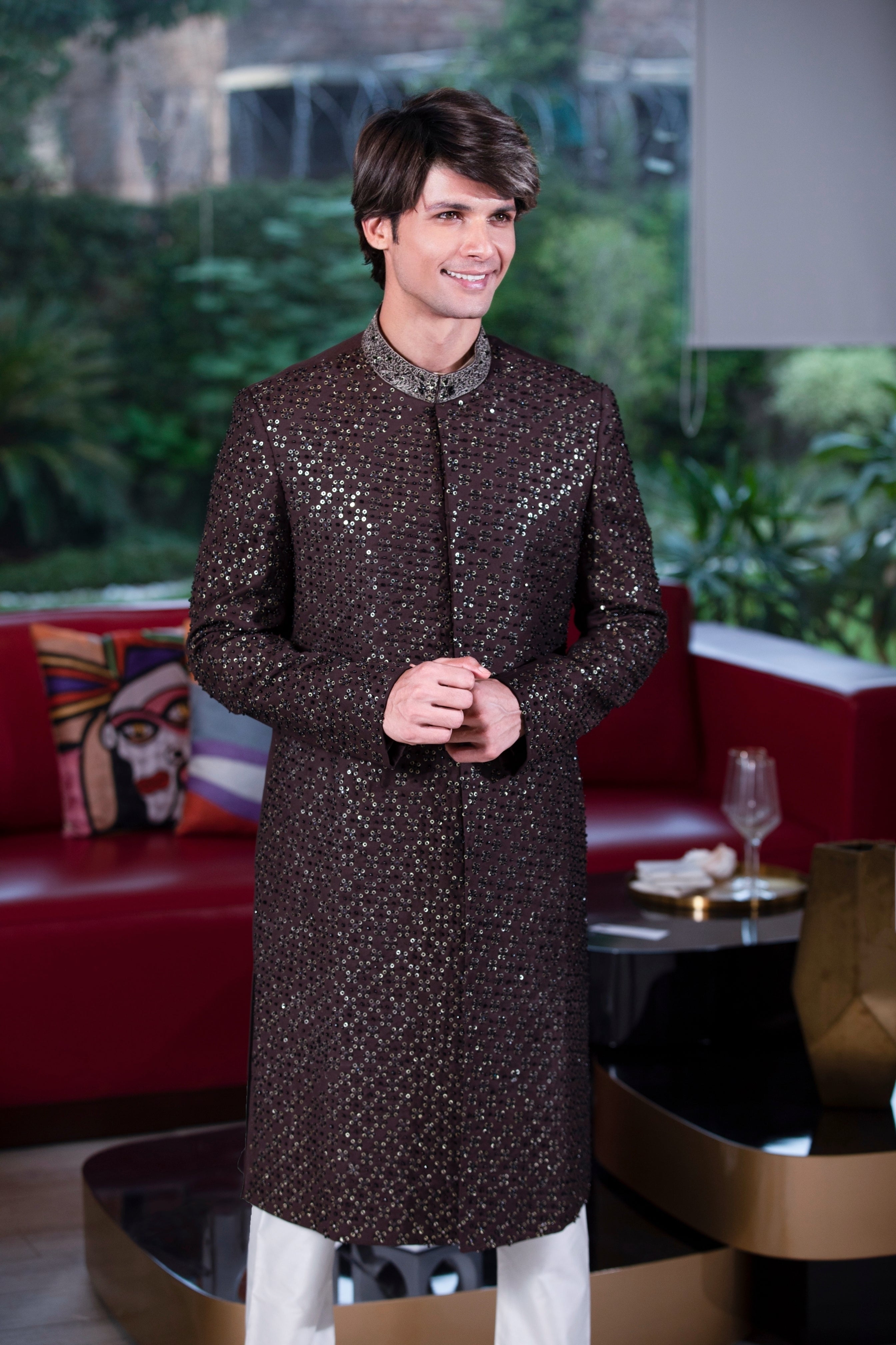 Brown Hand-Embroidered Silk-Blend Sherwani (2-Piece) - Image 1