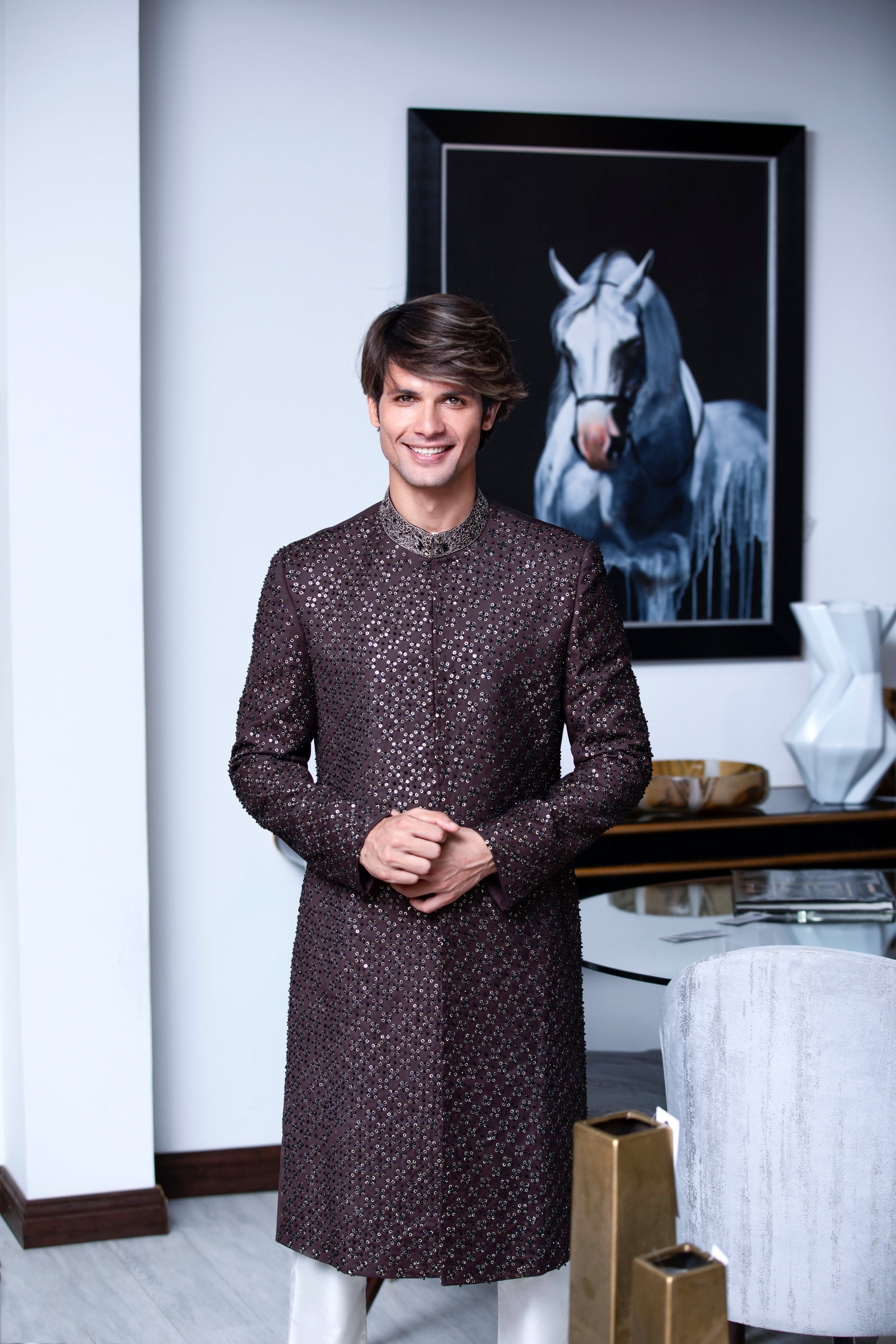 Brown Hand-Embroidered Silk-Blend Sherwani (2-Piece) - Image 2