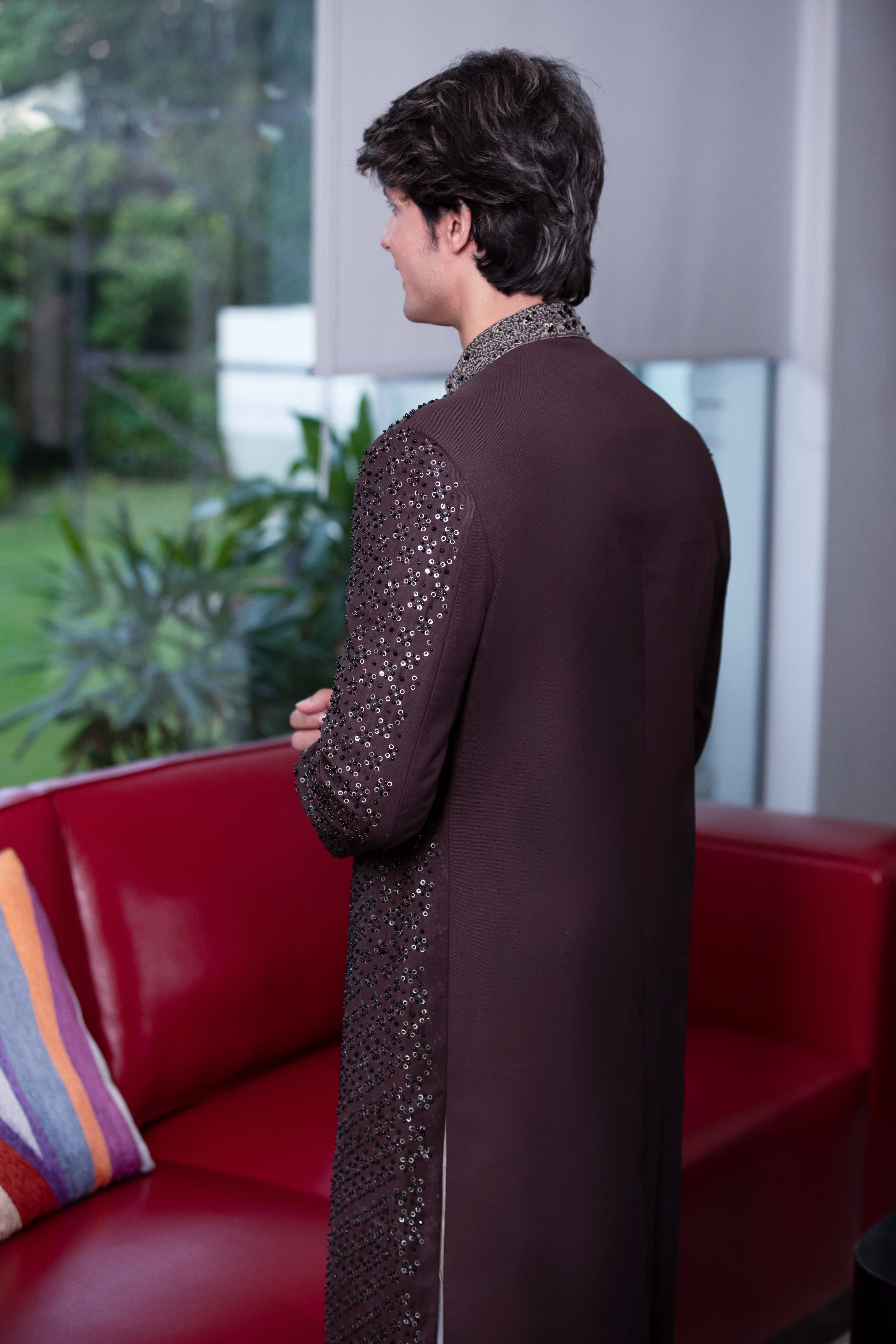 Brown Hand-Embroidered Silk-Blend Sherwani (2-Piece) - Image 3