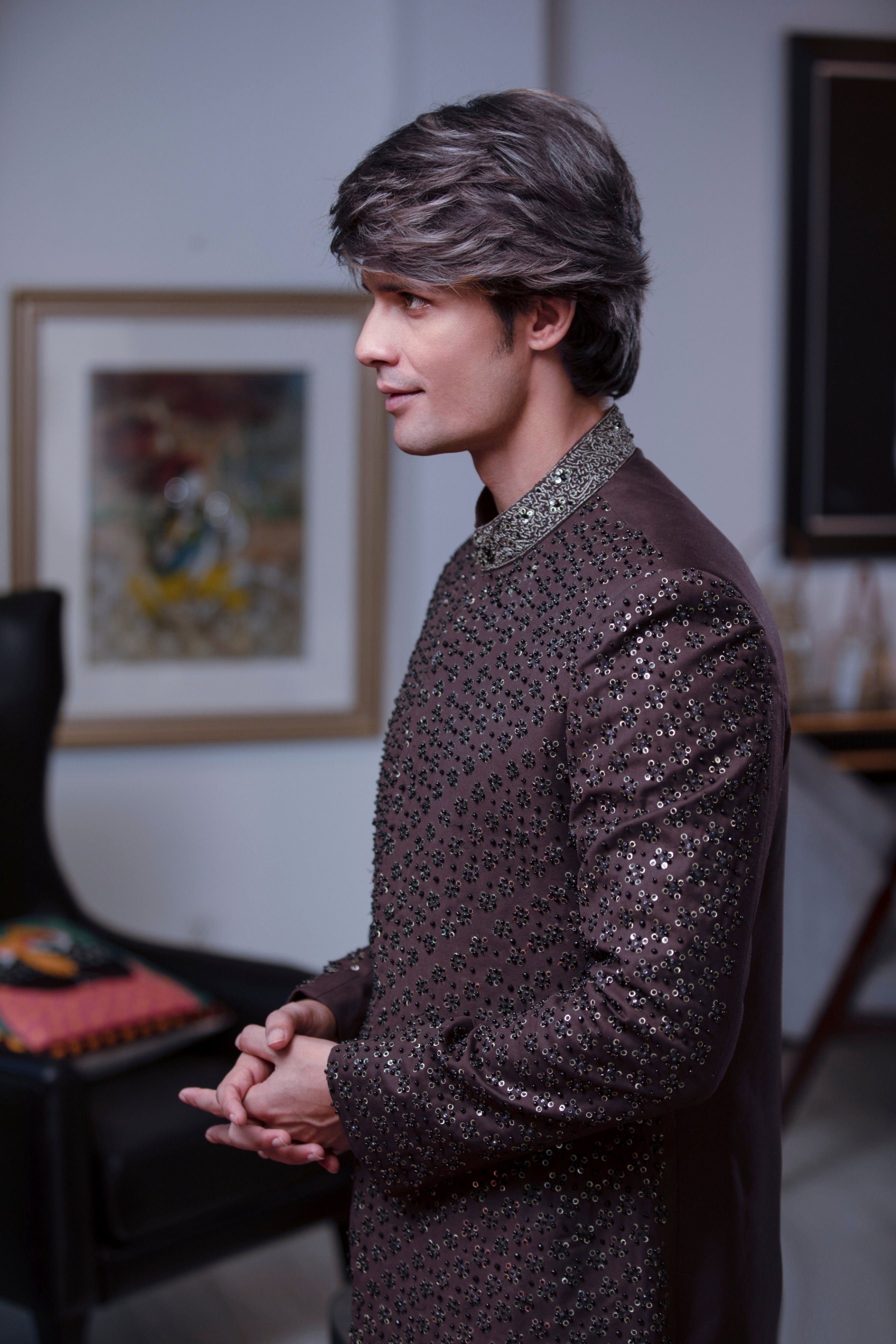 Brown Hand-Embroidered Silk-Blend Sherwani (2-Piece) - Image 4