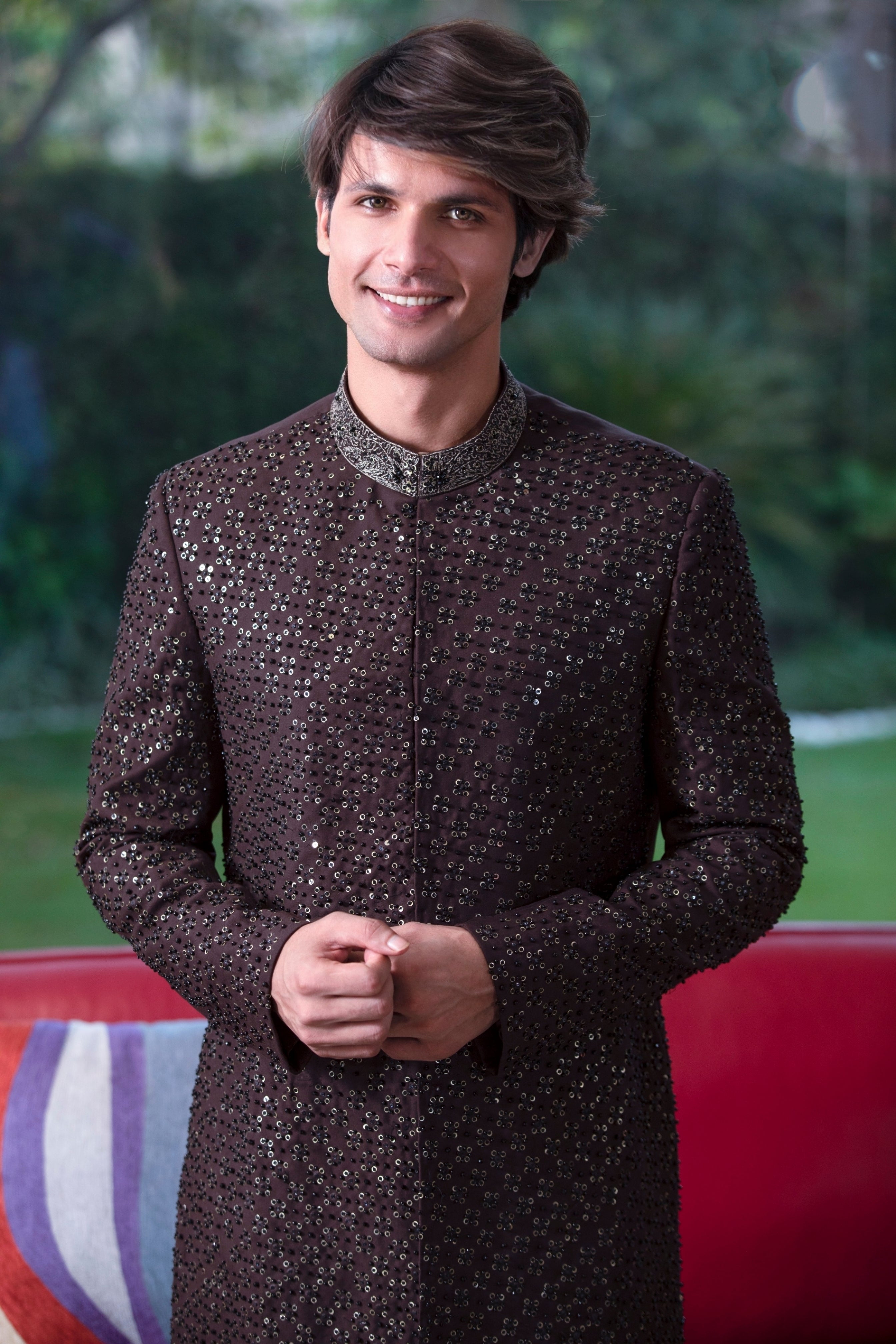 Brown Hand-Embroidered Silk-Blend Sherwani (2-Piece) - Image 5