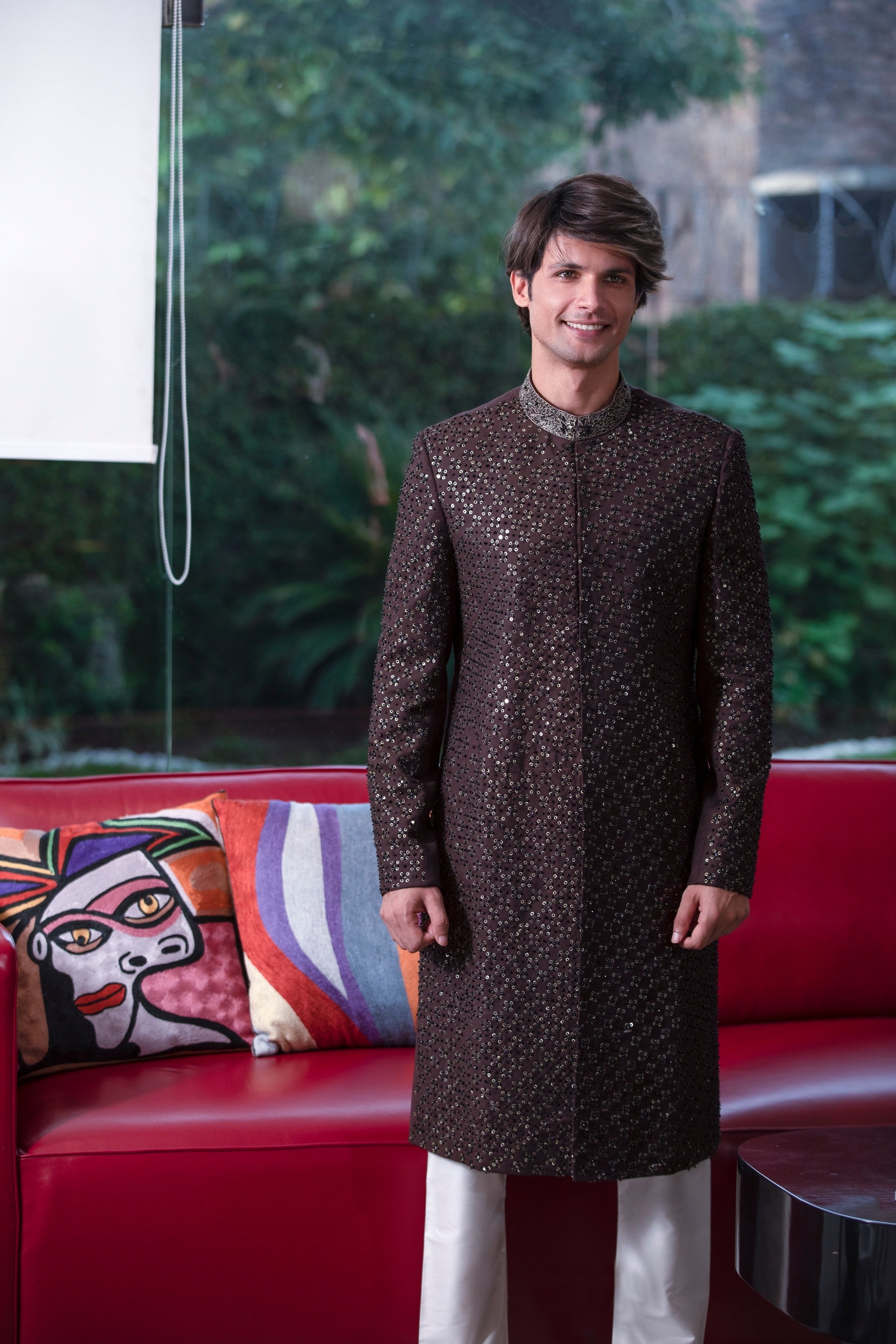 Brown Hand-Embroidered Silk-Blend Sherwani (2-Piece) - Image 6
