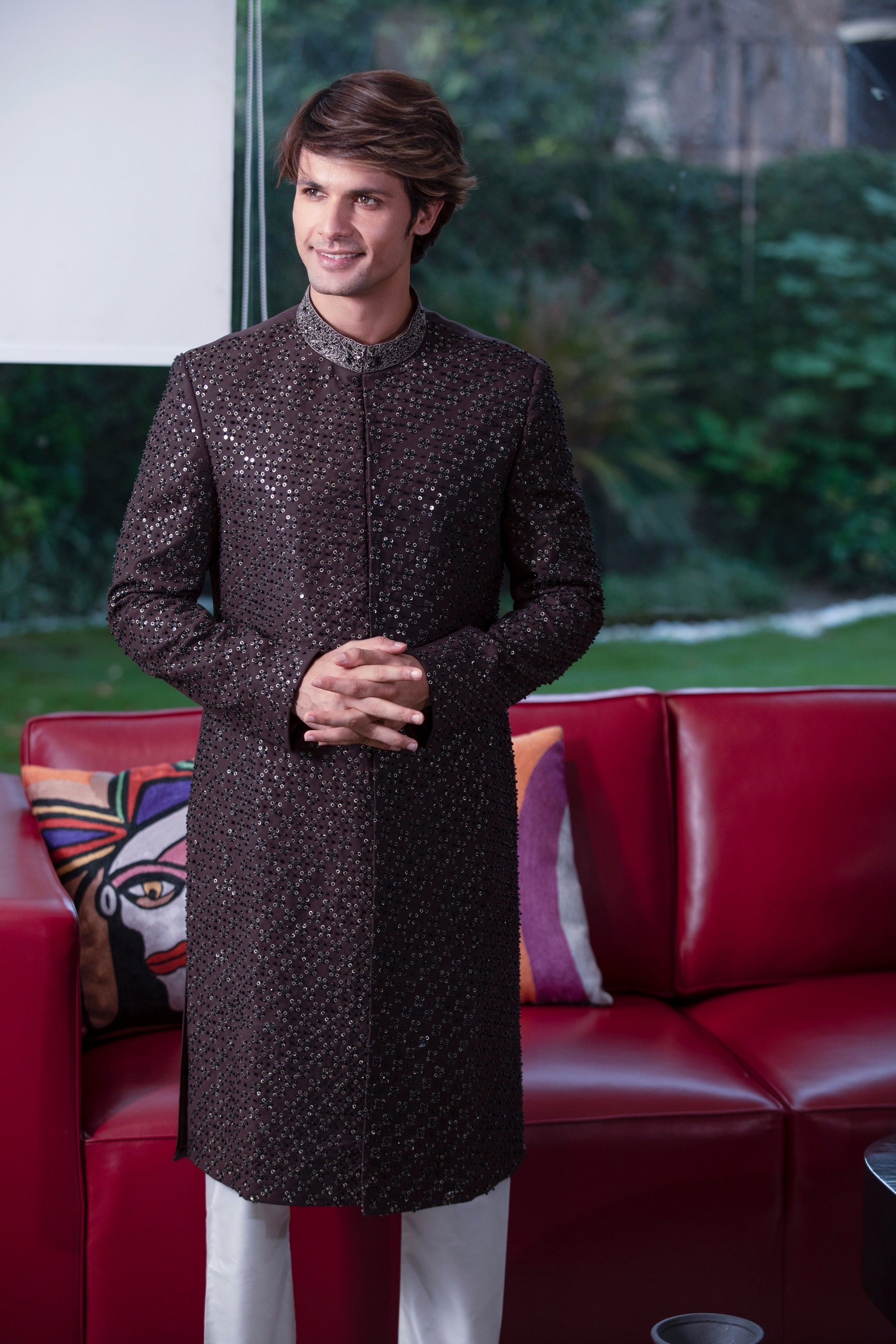 Brown Hand-Embroidered Silk-Blend Sherwani (2-Piece) - Image 7