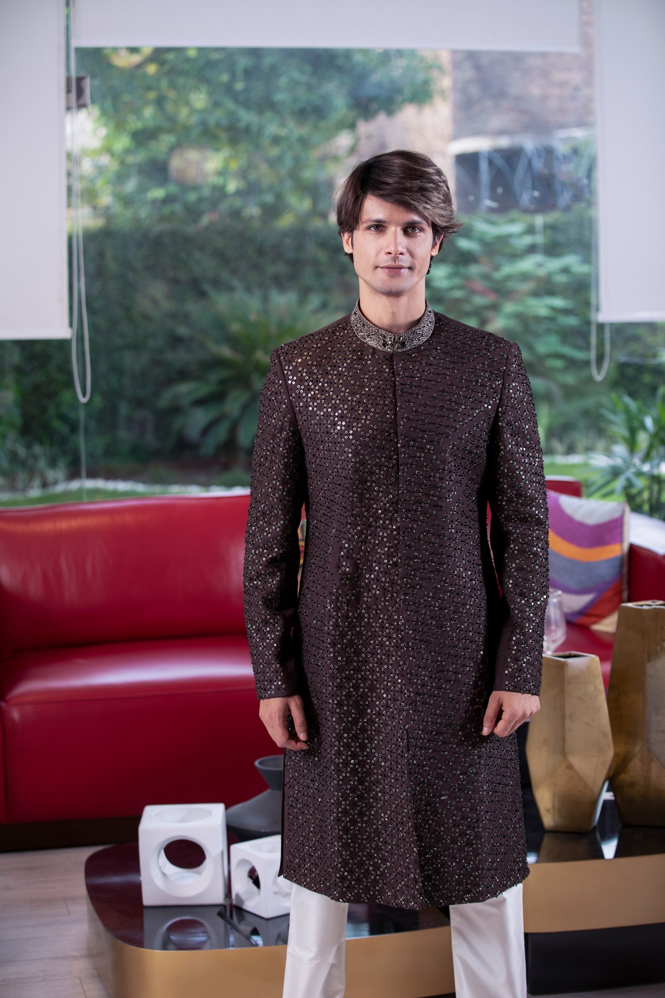 Brown Hand-Embroidered Silk-Blend Sherwani (2-Piece) - Image 8