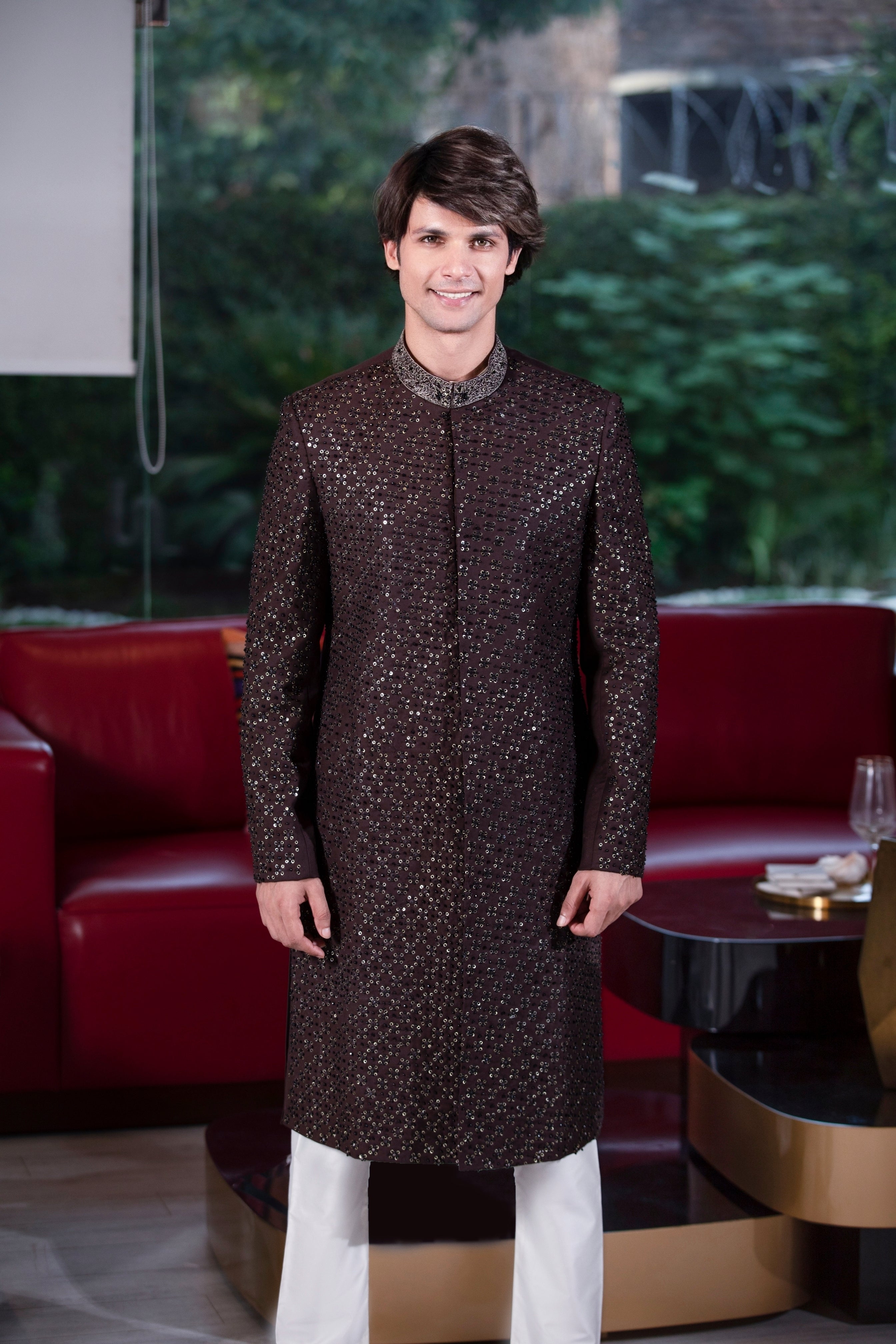 Brown Hand-Embroidered Silk-Blend Sherwani (2-Piece) - Image 9