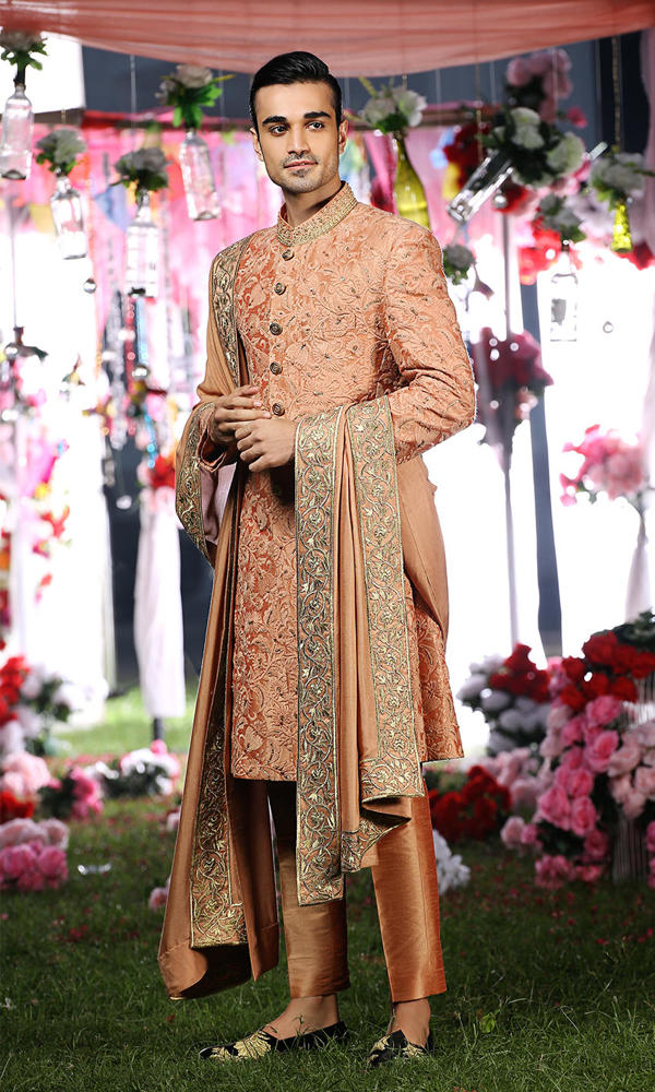 Burnt Sienna Embroidered Silk-Blend Sherwani (3-Piece) - Image 2