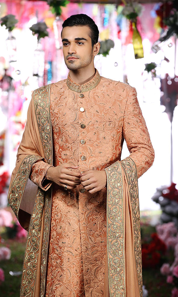 Burnt Sienna Embroidered Silk-Blend Sherwani (3-Piece) - Image 3