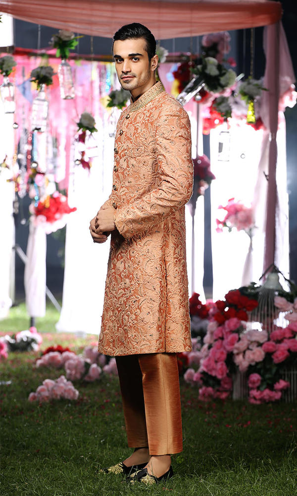 Burnt Sienna Embroidered Silk-Blend Sherwani (3-Piece) - Image 4