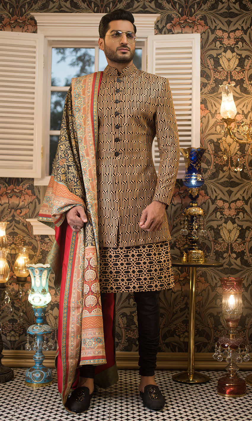 Brown Geometric Silk Blend Groom Sherwani (3-Piece) - Image 1